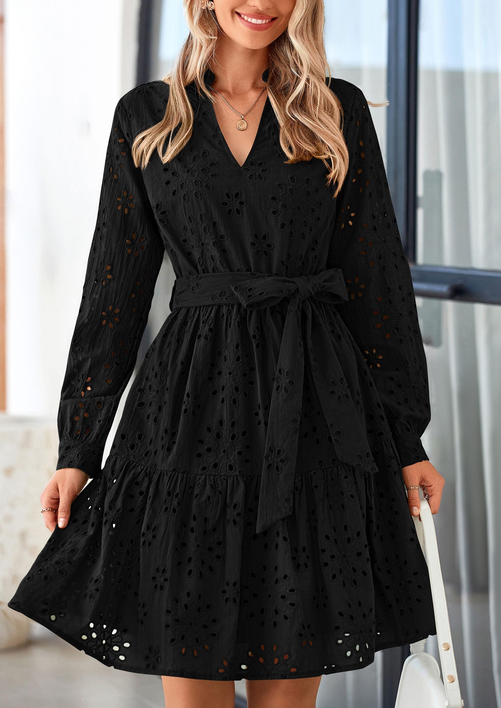 Foto 5 pulgar | Vestido Prettygarden Para Mujer, Manga Larga, Cuello En V, Línea A, Negro - Venta Internacional.