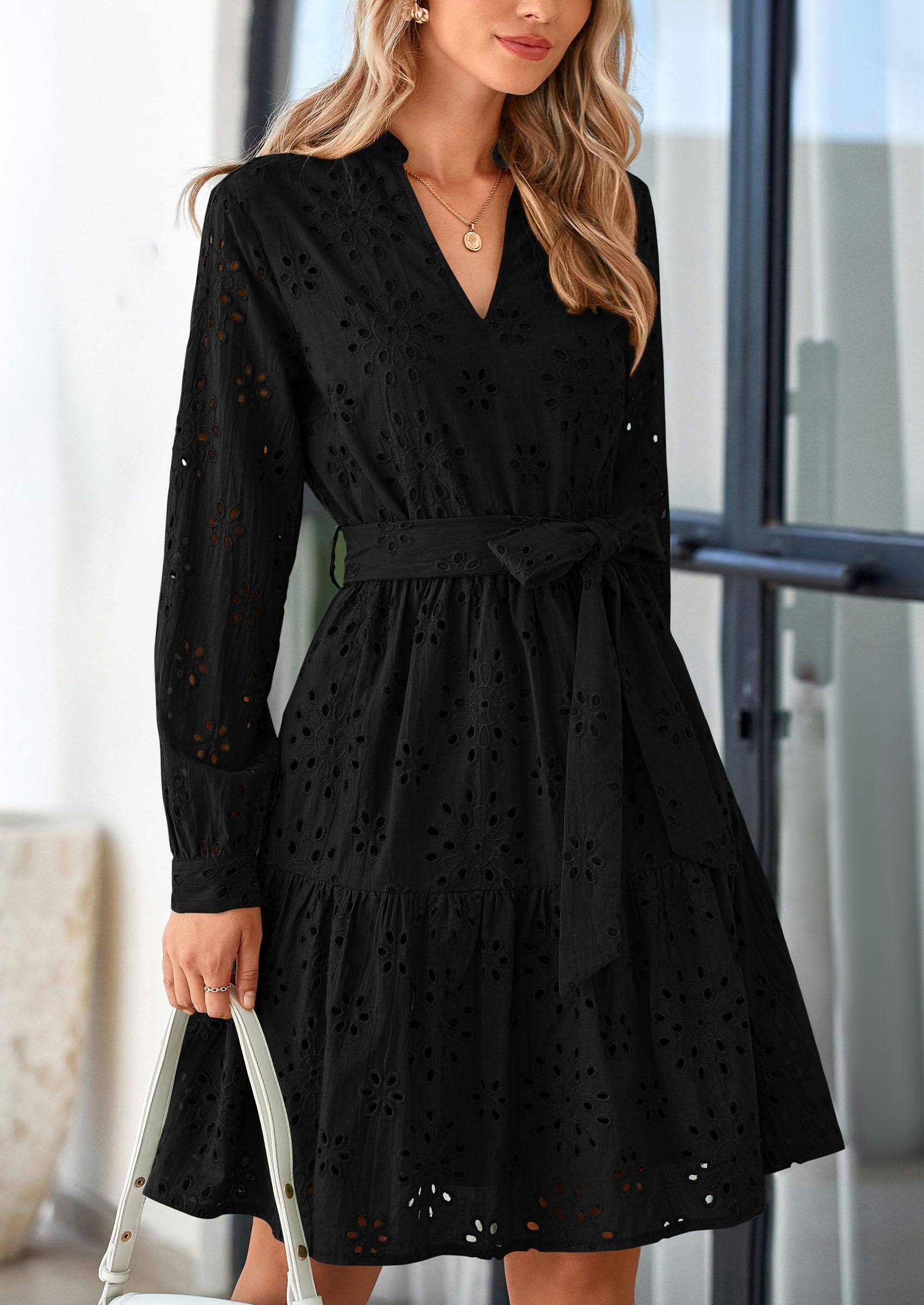 Foto 6 pulgar | Vestido Prettygarden Para Mujer, Manga Larga, Cuello En V, Línea A, Negro - Venta Internacional.