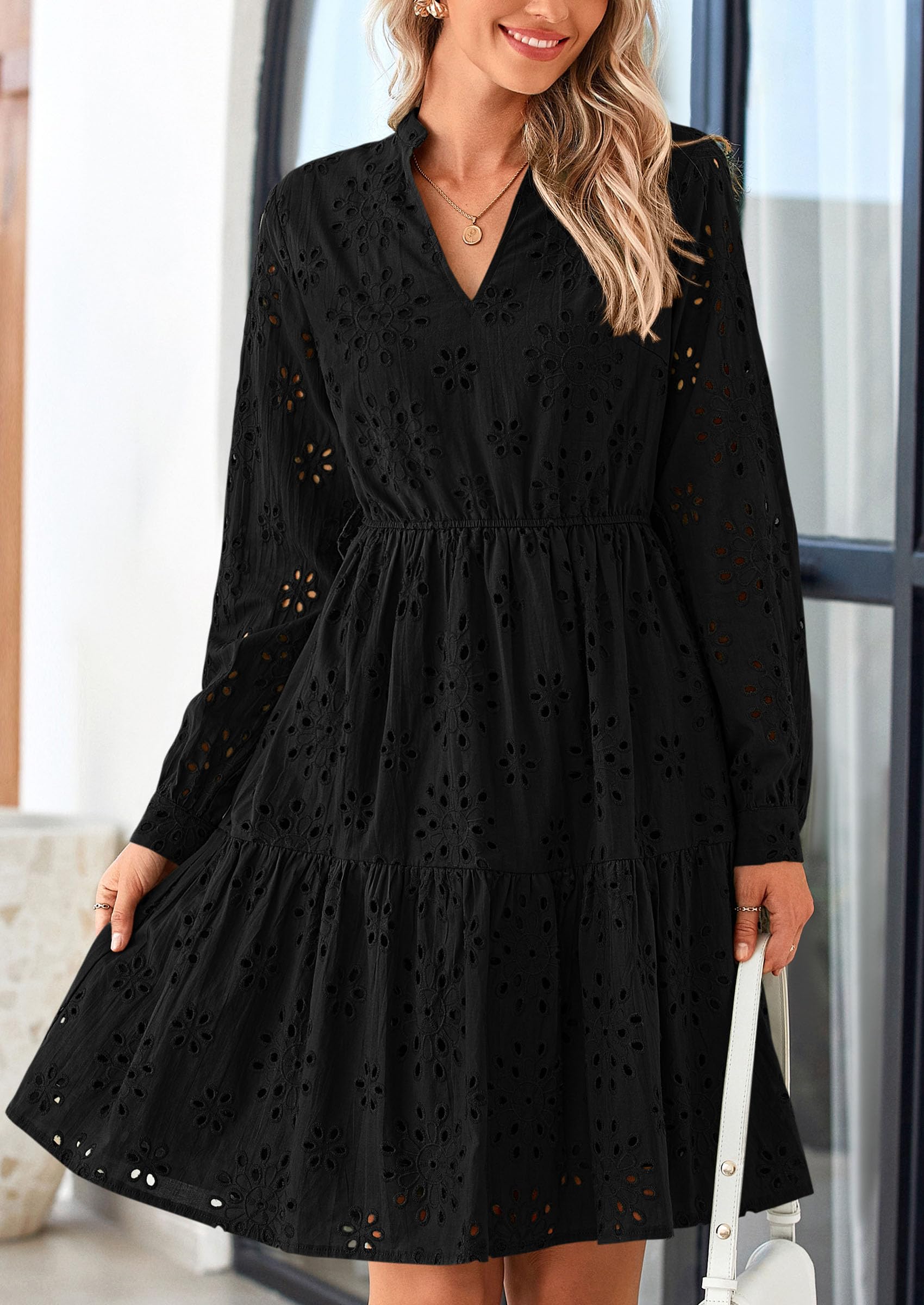 Foto 8 pulgar | Vestido Prettygarden Para Mujer, Manga Larga, Cuello En V, Línea A, Negro - Venta Internacional.