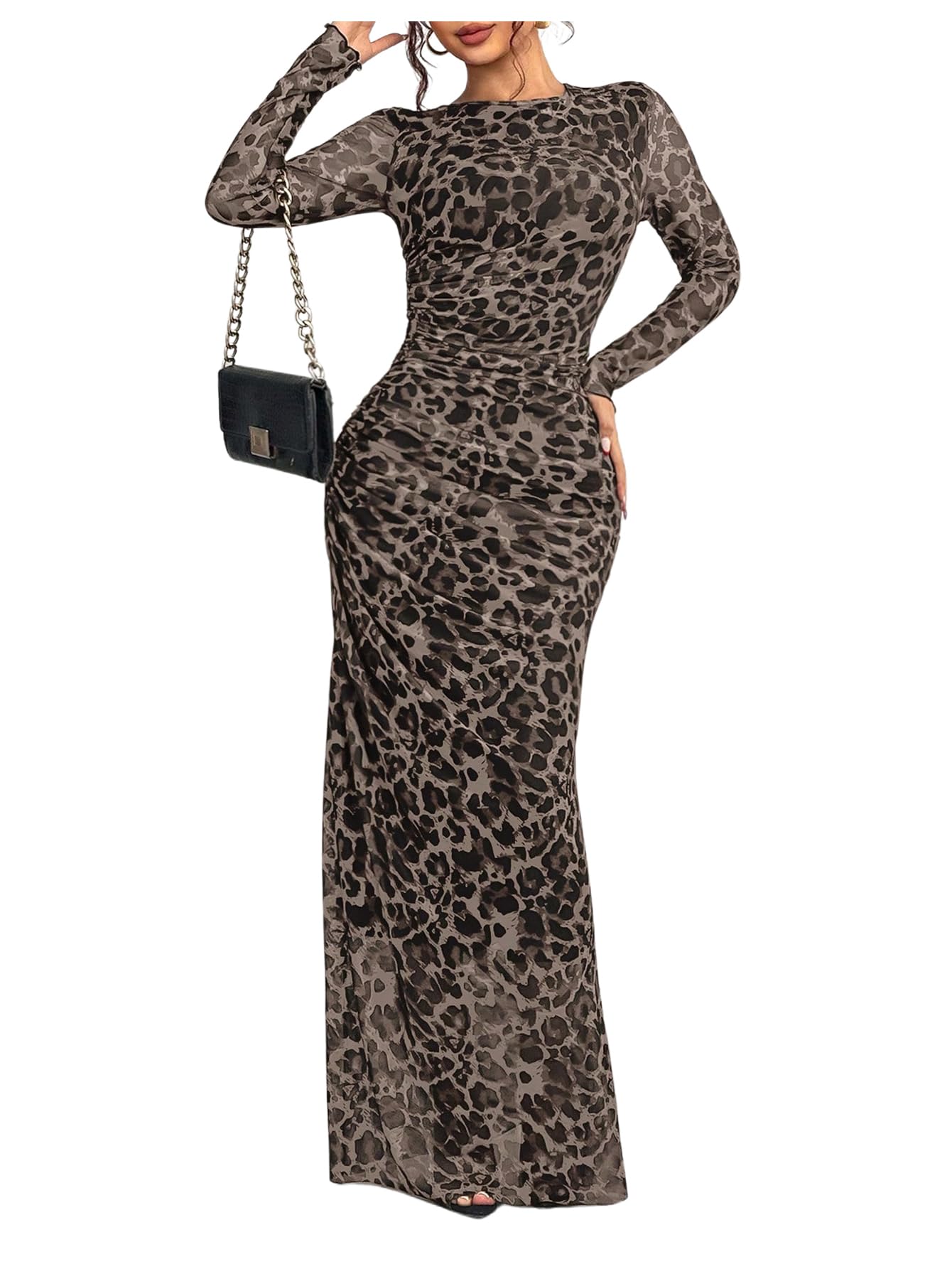 Vestido Largo Con Estampado De Guepardo Verdusa, Manga Larga, Marrón Café - Venta Internacional.
