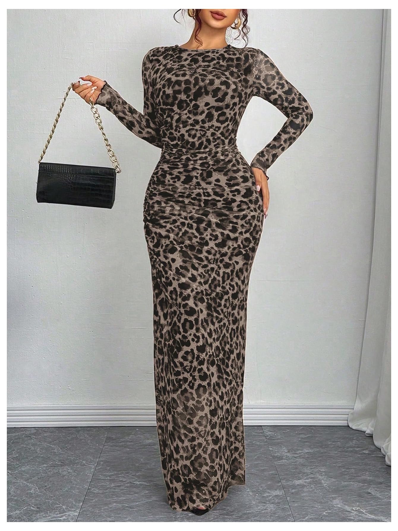 Foto 4 pulgar | Vestido Largo Con Estampado De Guepardo Verdusa, Manga Larga, Marrón Café - Venta Internacional.