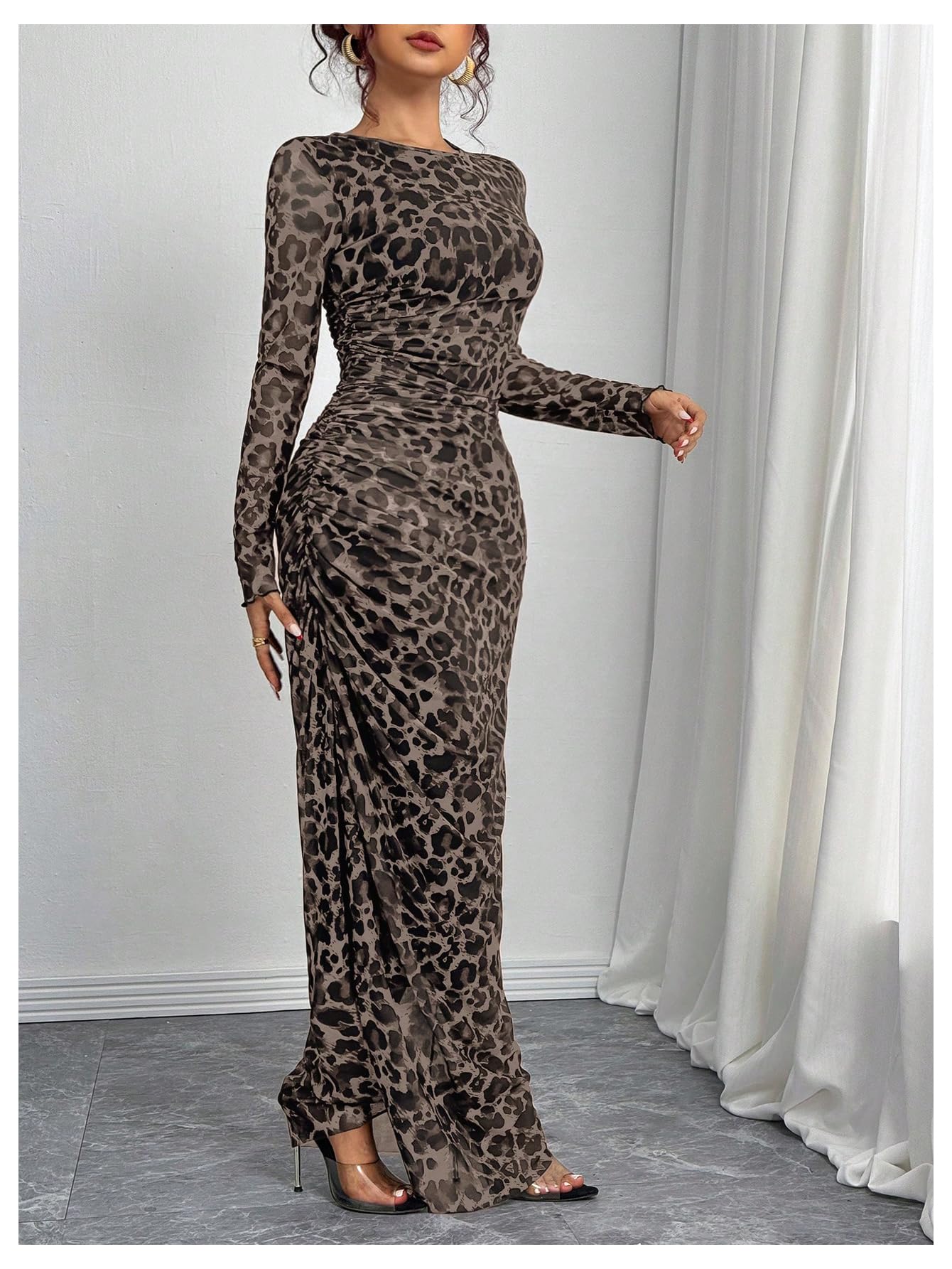 Foto 5 pulgar | Vestido Largo Con Estampado De Guepardo Verdusa, Manga Larga, Marrón Café - Venta Internacional.