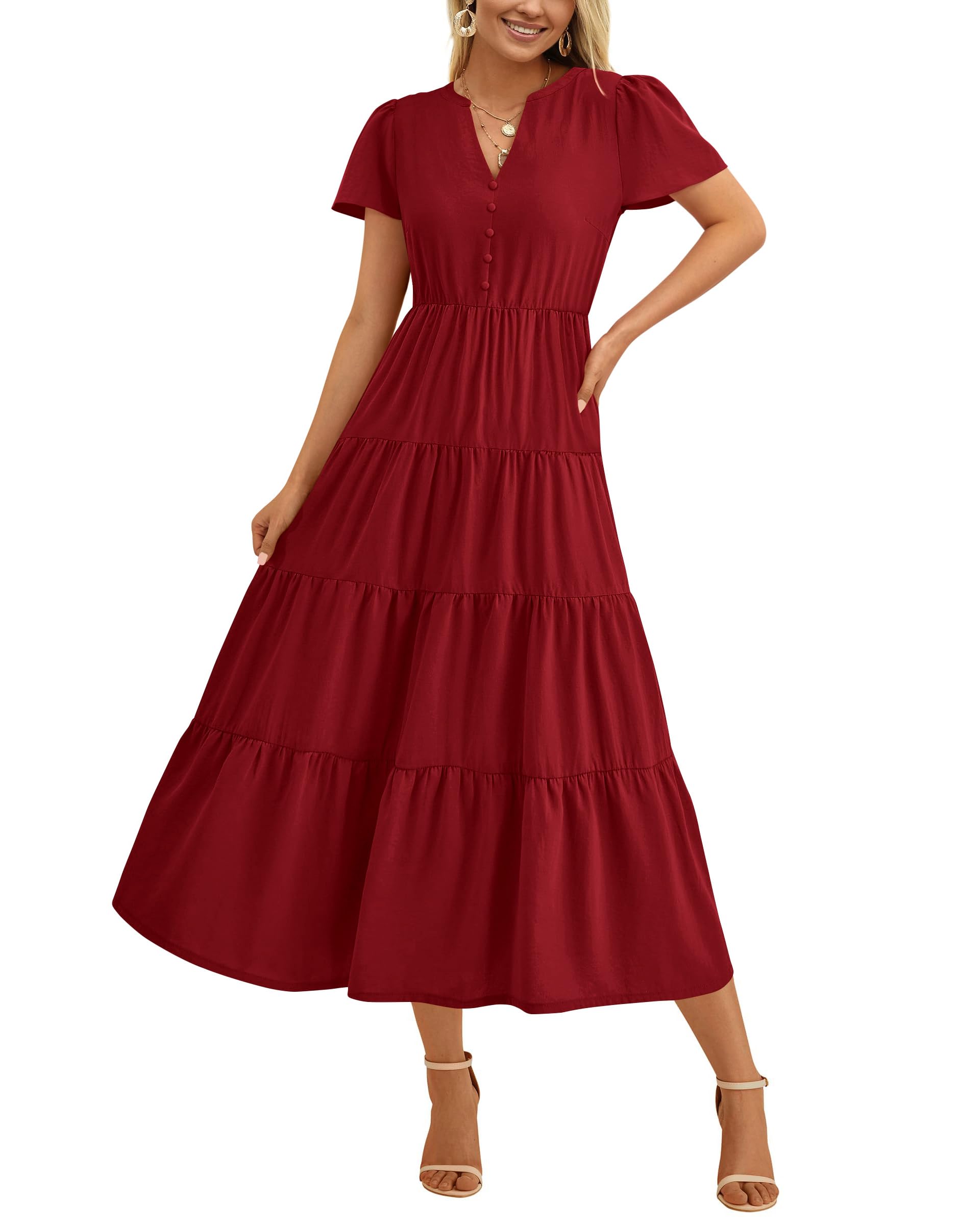 Vestido Prettygarden Midi Cuello V Rojo para Mujer - Venta Internacional