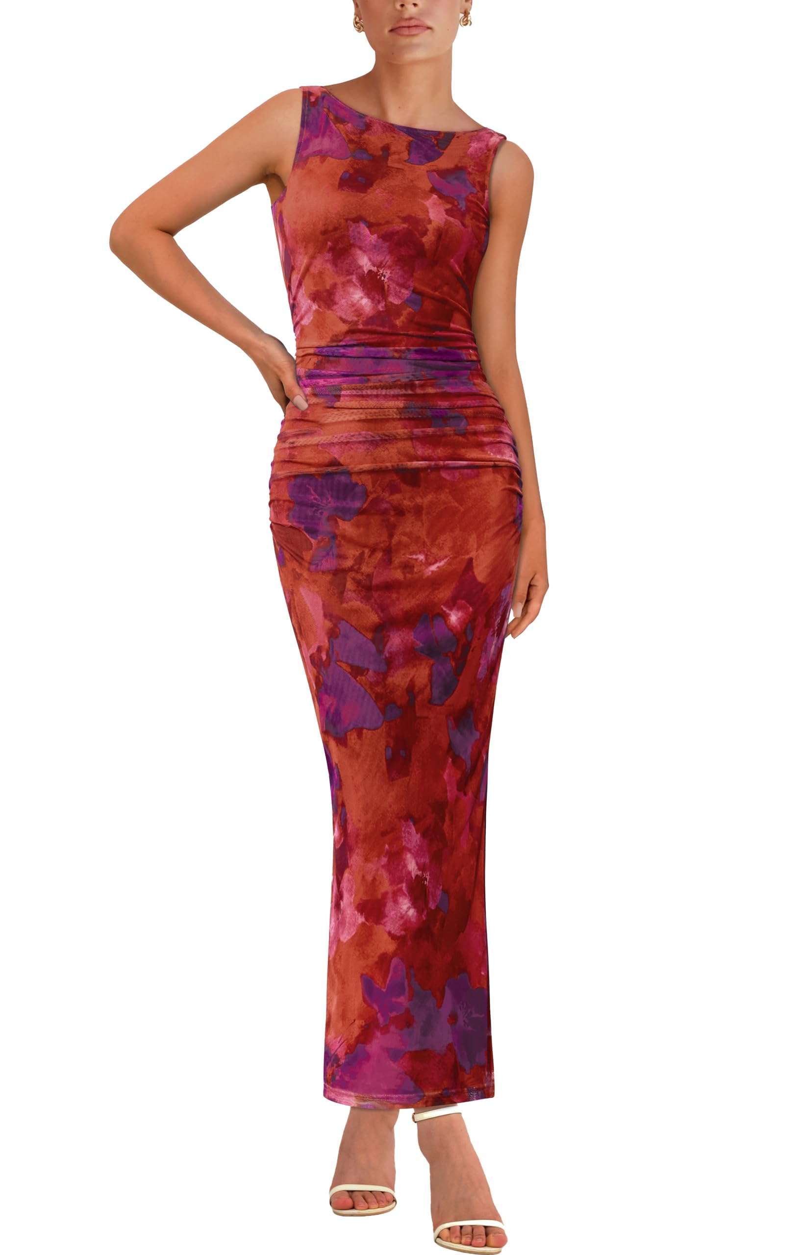 Foto 2 pulgar | Vestido Largo Mascomoda Ajustado De Verano Con Malla Floral Para Mujer - Venta Internacional.