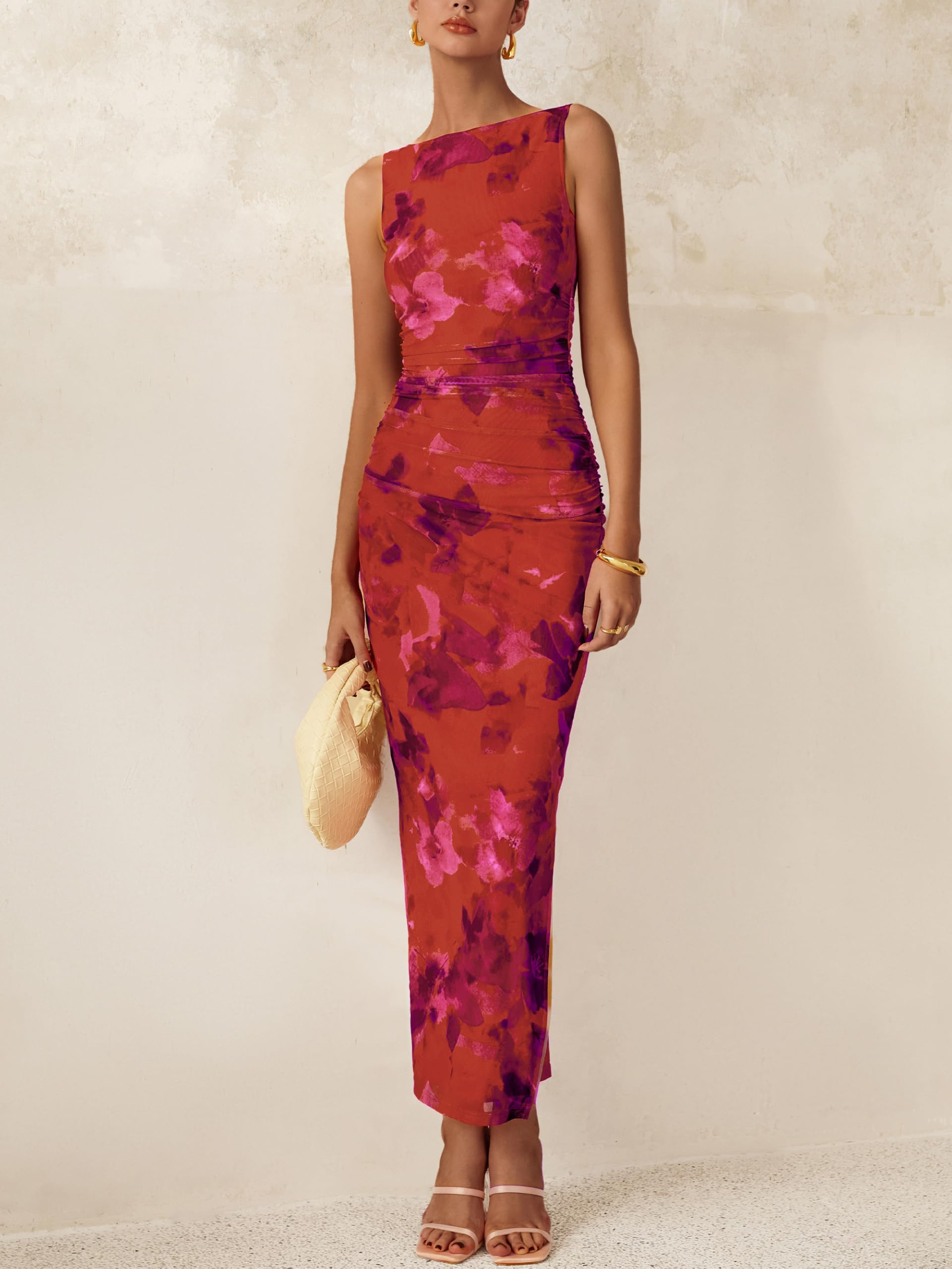 Foto 3 pulgar | Vestido Largo Mascomoda Ajustado De Verano Con Malla Floral Para Mujer - Venta Internacional.