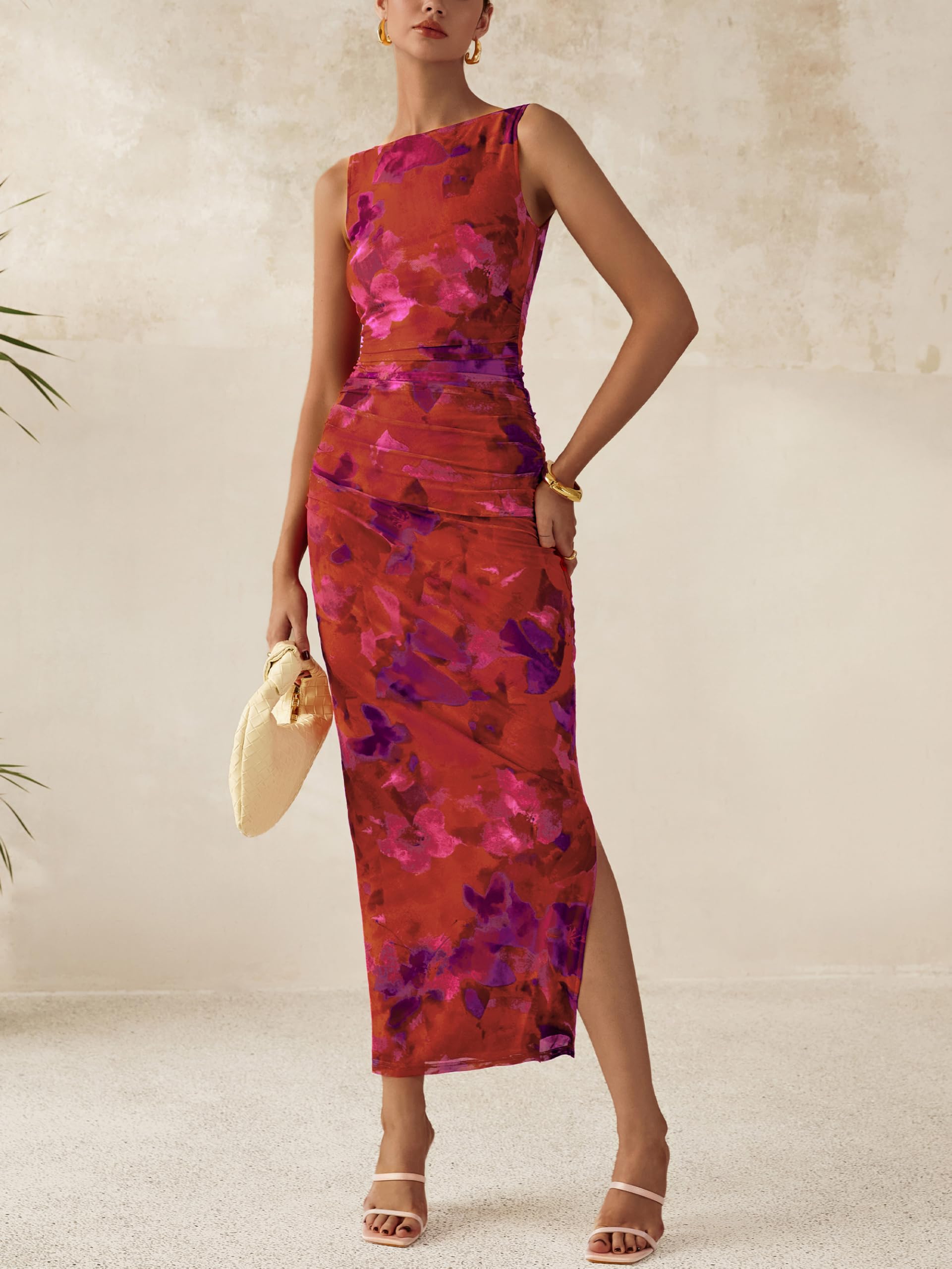Foto 5 pulgar | Vestido Largo Mascomoda Ajustado De Verano Con Malla Floral Para Mujer - Venta Internacional.