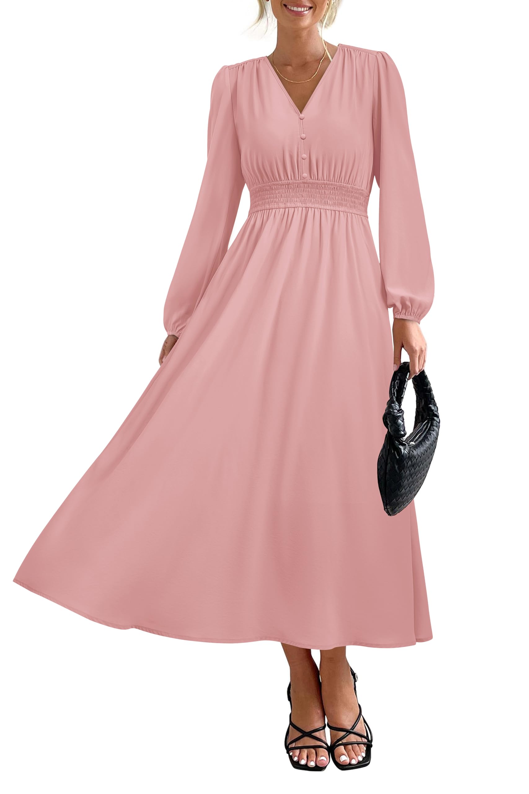 Vestido Largo Prettygarden 2025 Primavera Con Cuello En V Y Manga Larga Para Mujer - Venta Internacional.