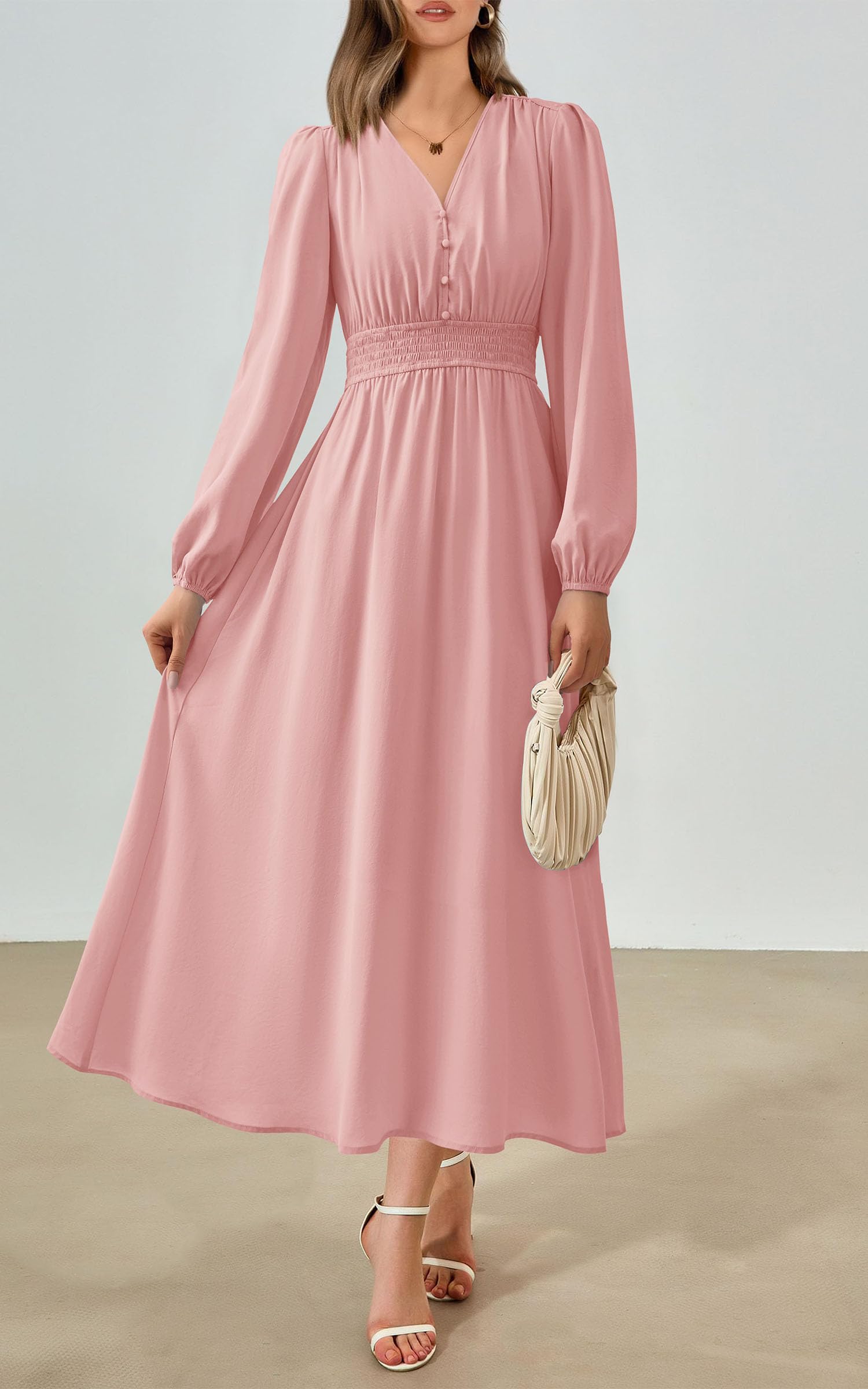 Foto 4 pulgar | Vestido Largo Prettygarden 2025 Primavera Con Cuello En V Y Manga Larga Para Mujer - Venta Internacional.