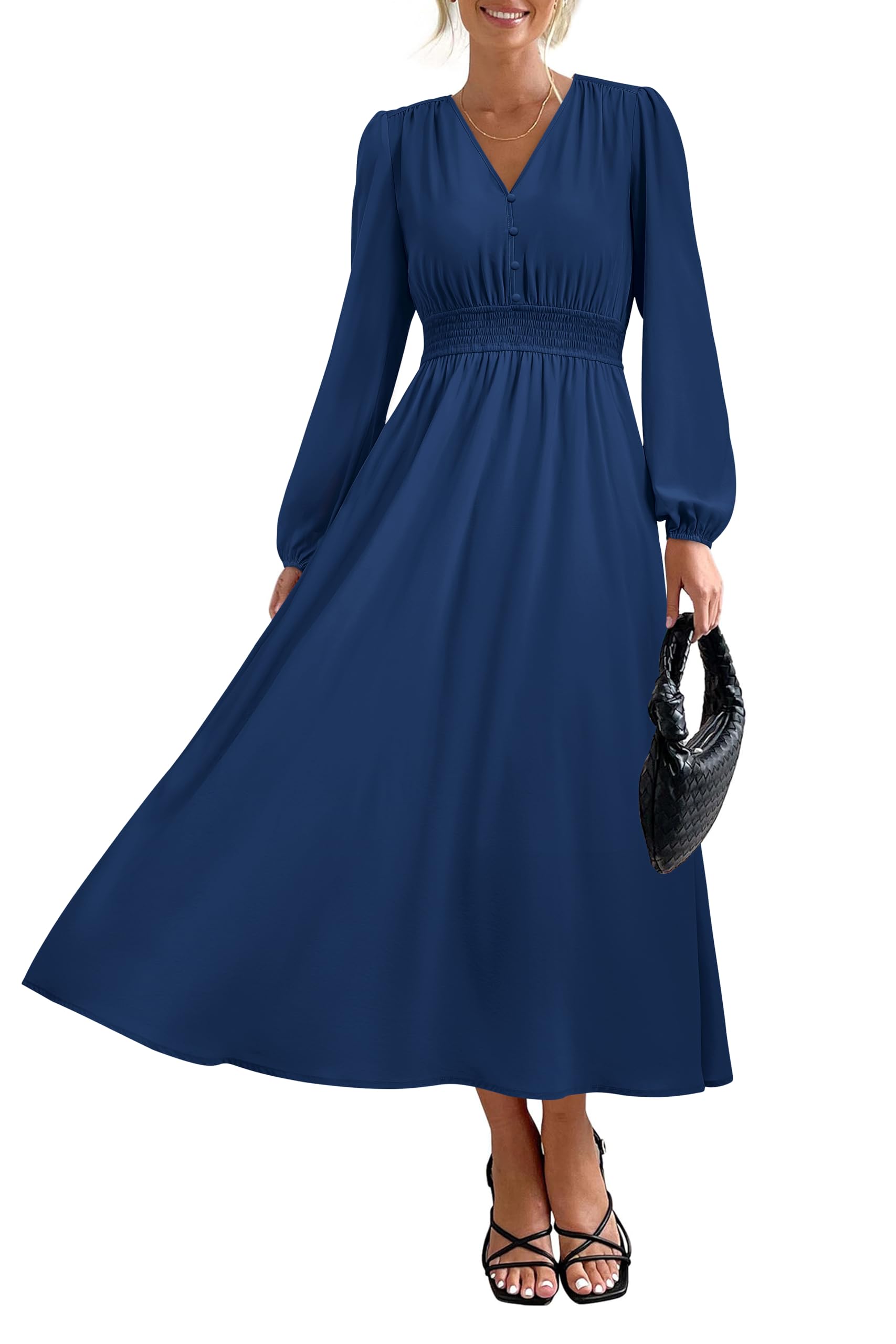 Vestido Largo Prettygarden 2025 Primavera Manga Larga Con Cuello En V Para Mujer - Venta Internacional.