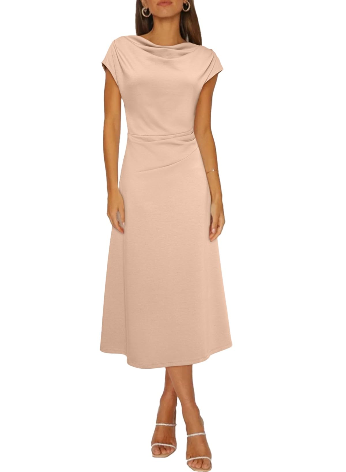 Foto 2 pulgar | Vestido Midi Happy Sailed, Manga Corta, Cuello Vuelto, Caqui, Moda 2025 - Venta Internacional.