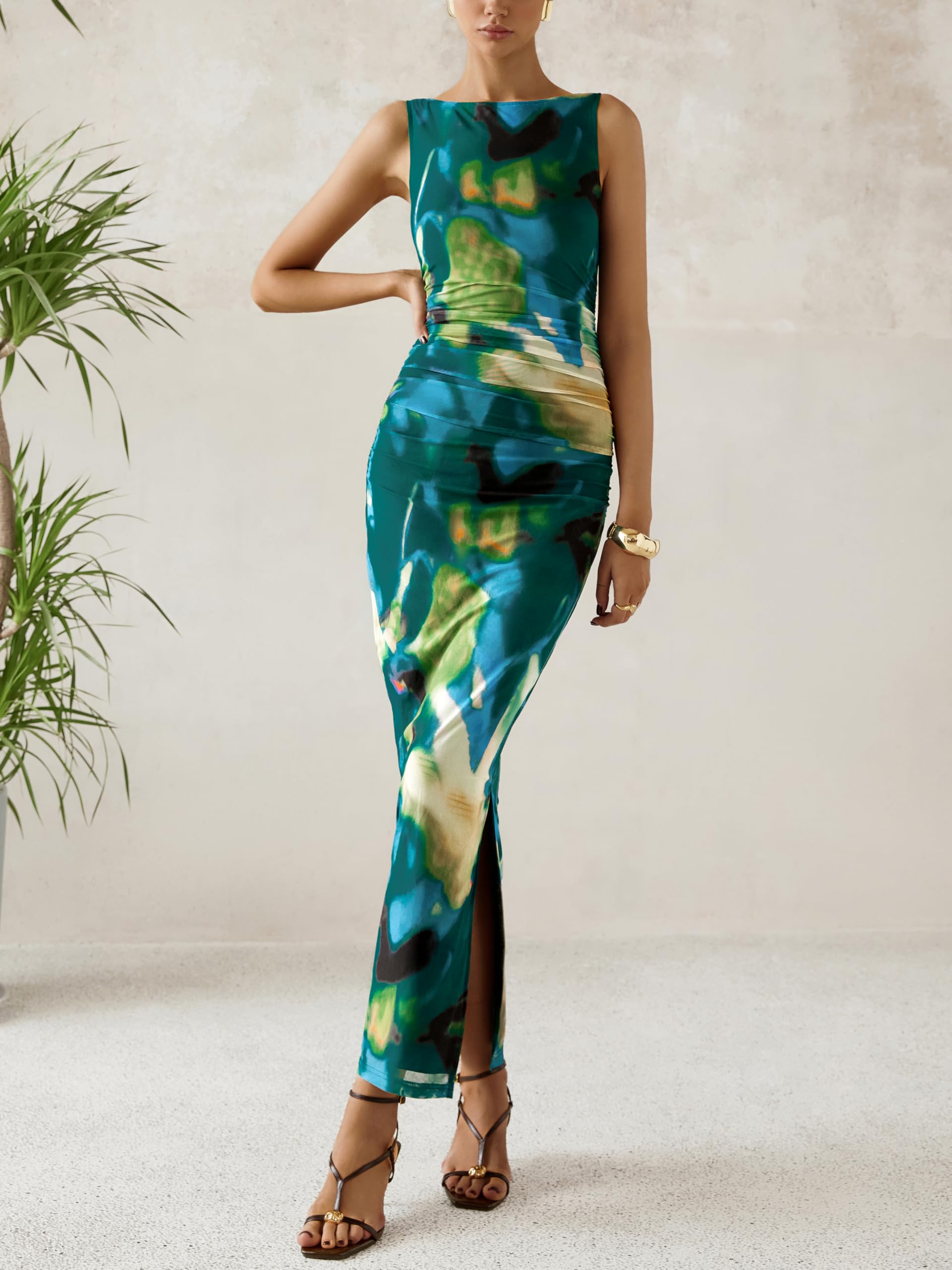Foto 2 | Vestido Largo Mascomoda Para Mujer, Ajustado, Verde, Floral, De Verano - Venta Internacional.