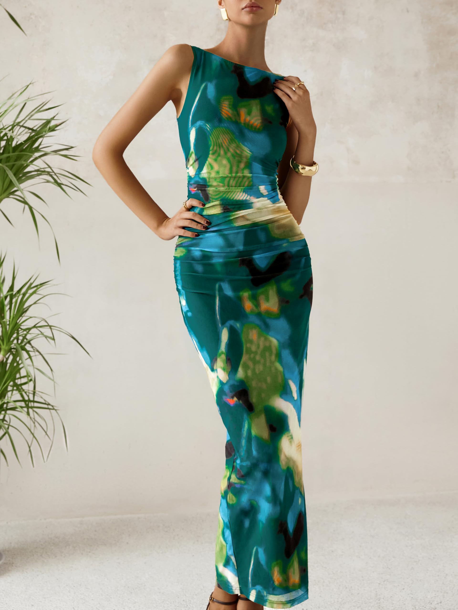 Foto 5 pulgar | Vestido Largo Mascomoda Para Mujer, Ajustado, Verde, Floral, De Verano - Venta Internacional.