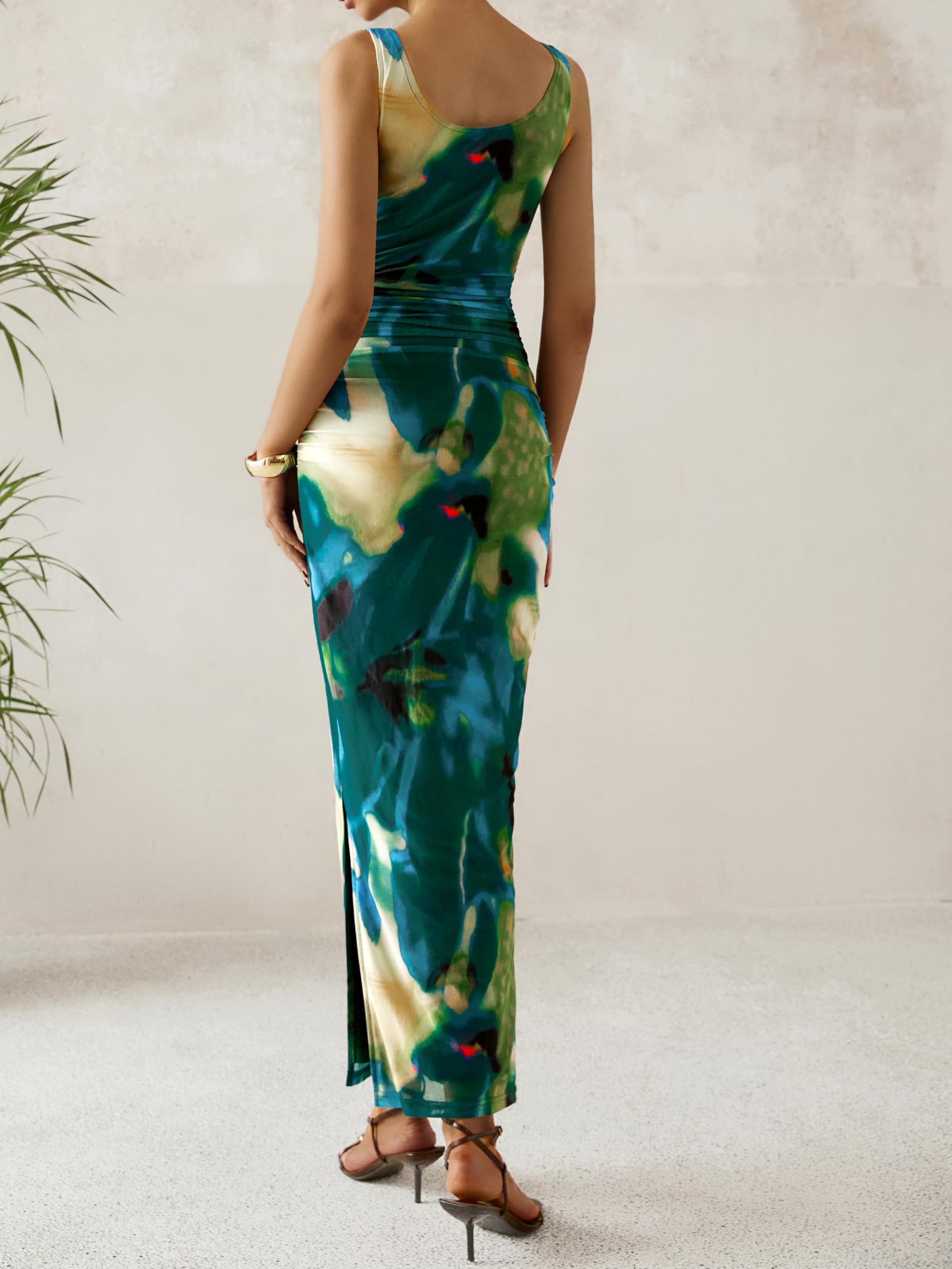 Foto 7 pulgar | Vestido Largo Mascomoda Para Mujer, Ajustado, Verde, Floral, De Verano - Venta Internacional.
