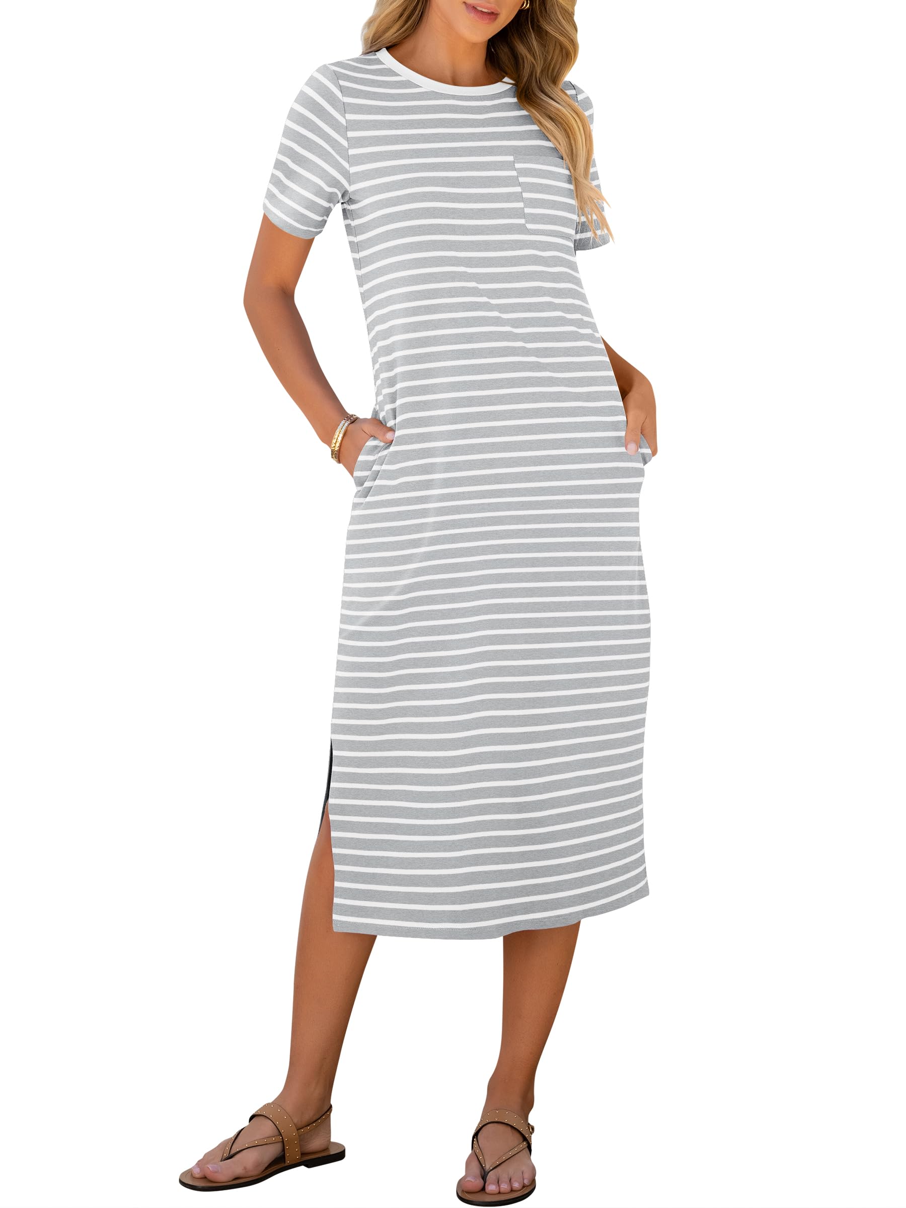Foto 2 pulgar | Vestido Anrabess Midi De Verano Casual A Rayas Con Bolsillos Para Mujer - Venta Internacional.
