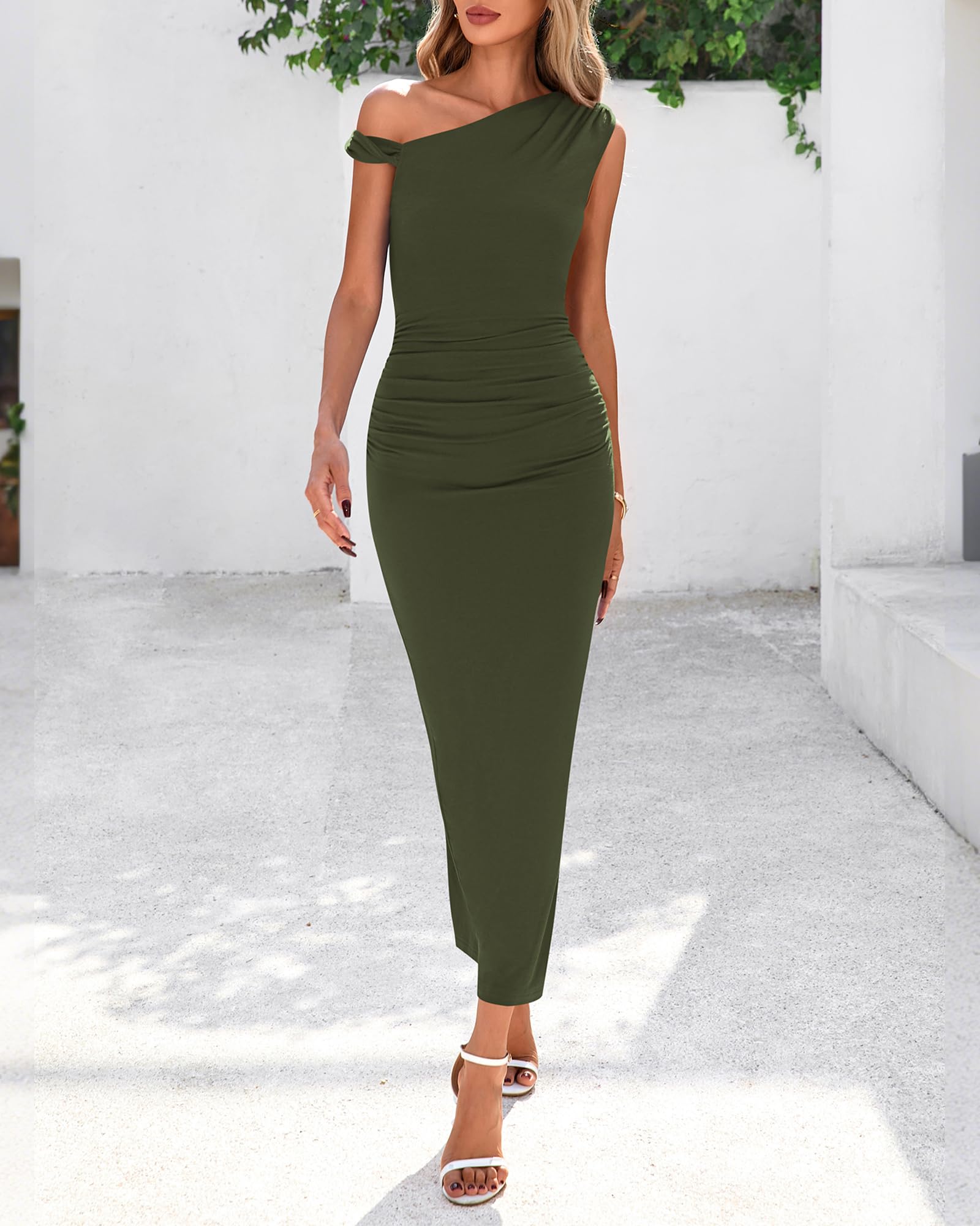 Foto 6 | Vestido De Cóctel Btfbm Maxi Fruncido Con Tirantes Torcidos En Un Solo Hombro - Venta Internacional.