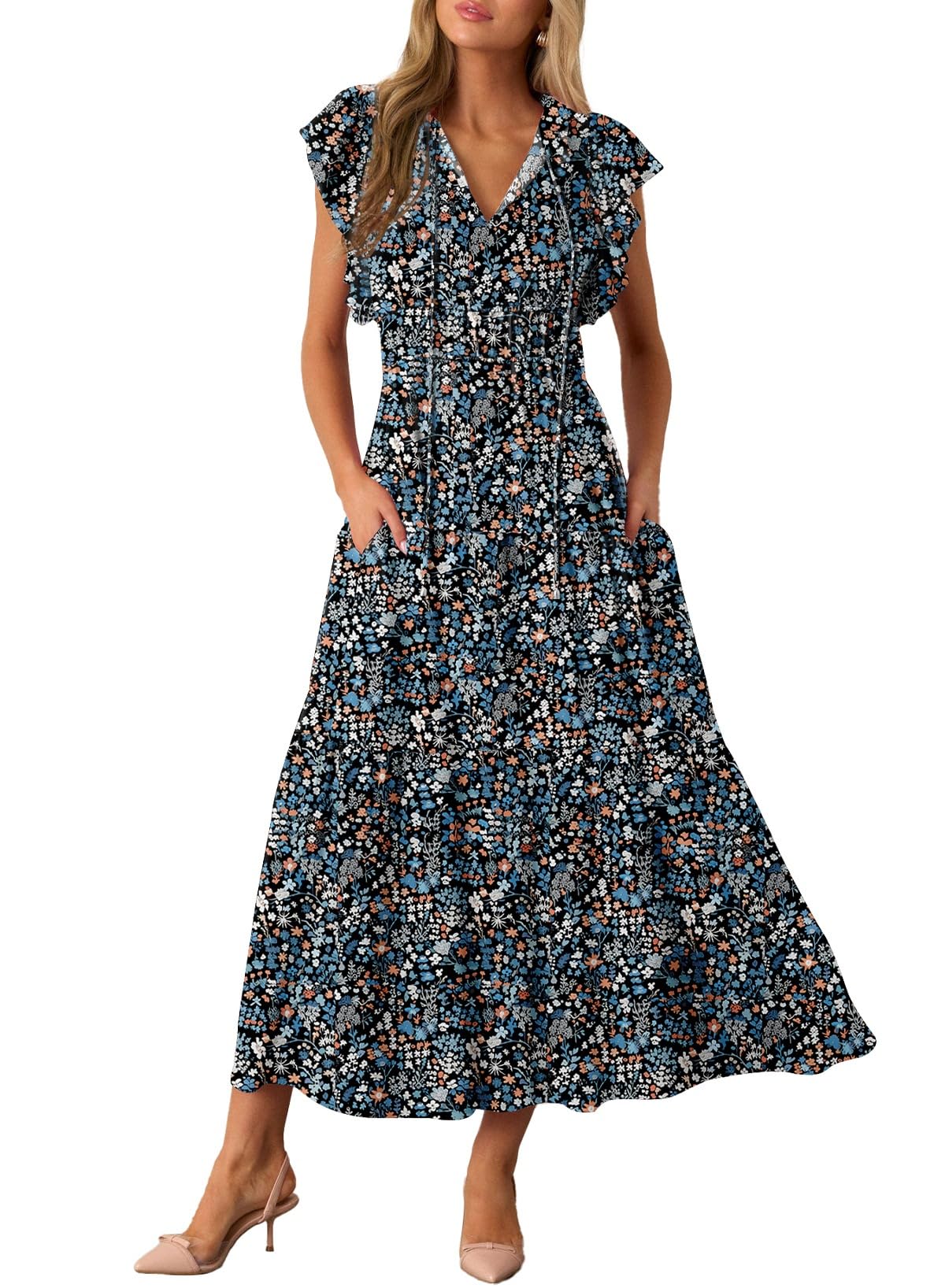 Foto 1 | Vestido Largo Blencot P220 Con Cuello En V Y Manga Corta Con Estampado Floral - Venta Internacional.