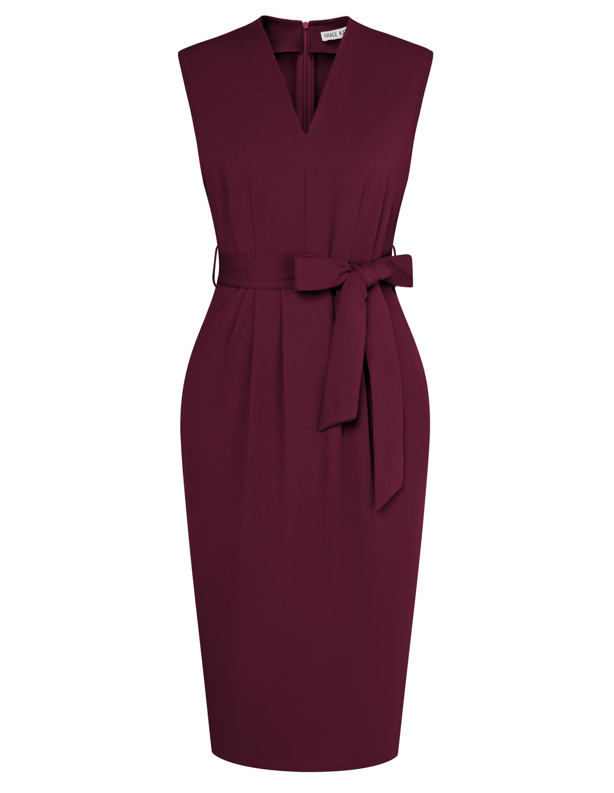 Vestido De Trabajo Grace Karin Sin Mangas Con Cuello En V, Color Rojo Vino - Venta Internacional.