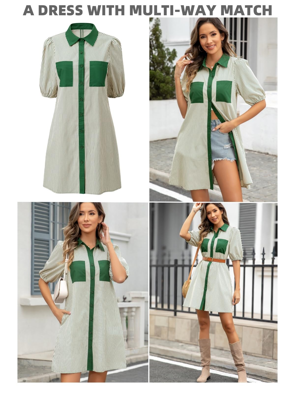 Foto 7 pulgar | Vestido Alvaq Spring Para Mujer Con Botones A Rayas Verde - Venta Internacional.