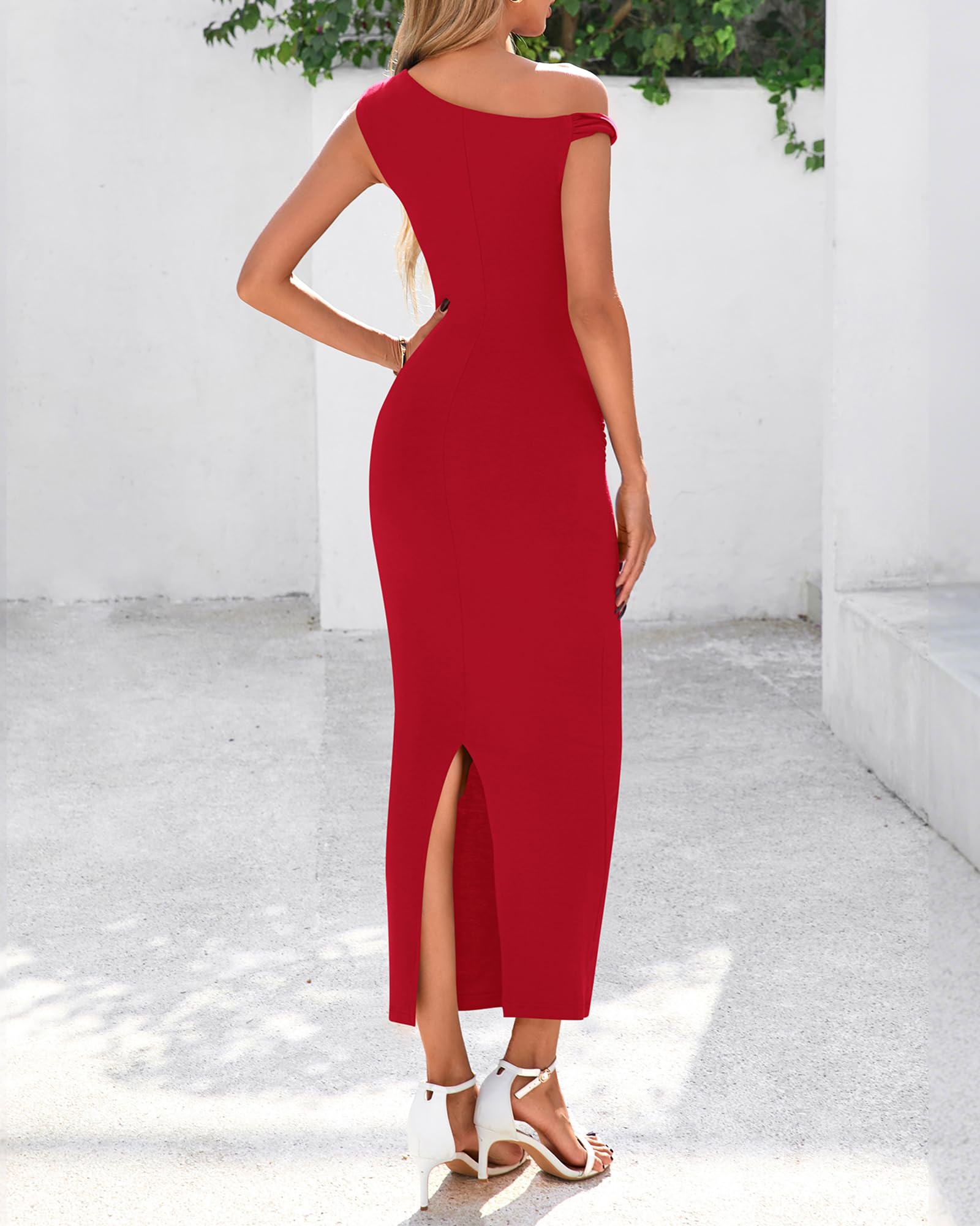 Foto 4 pulgar | Vestido De Cóctel Btfbm Con Un Solo Hombro Y Correa Torcida, Rojo Fruncido - Venta Internacional.