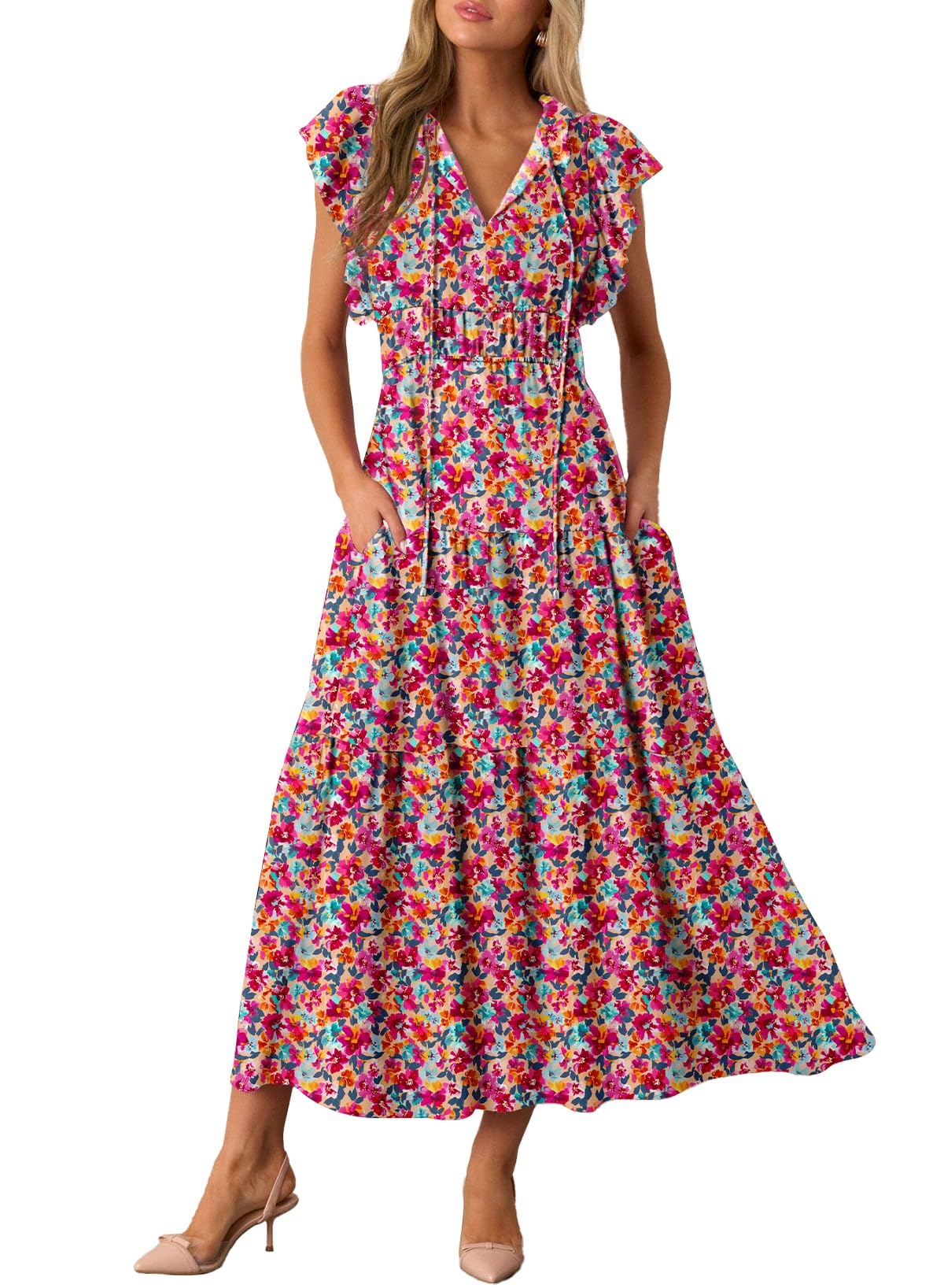 Foto 1 | Vestido Largo Blencot Con Estampado Floral Y Cuello En V Con Volantes Para Mujer - Venta Internacional.