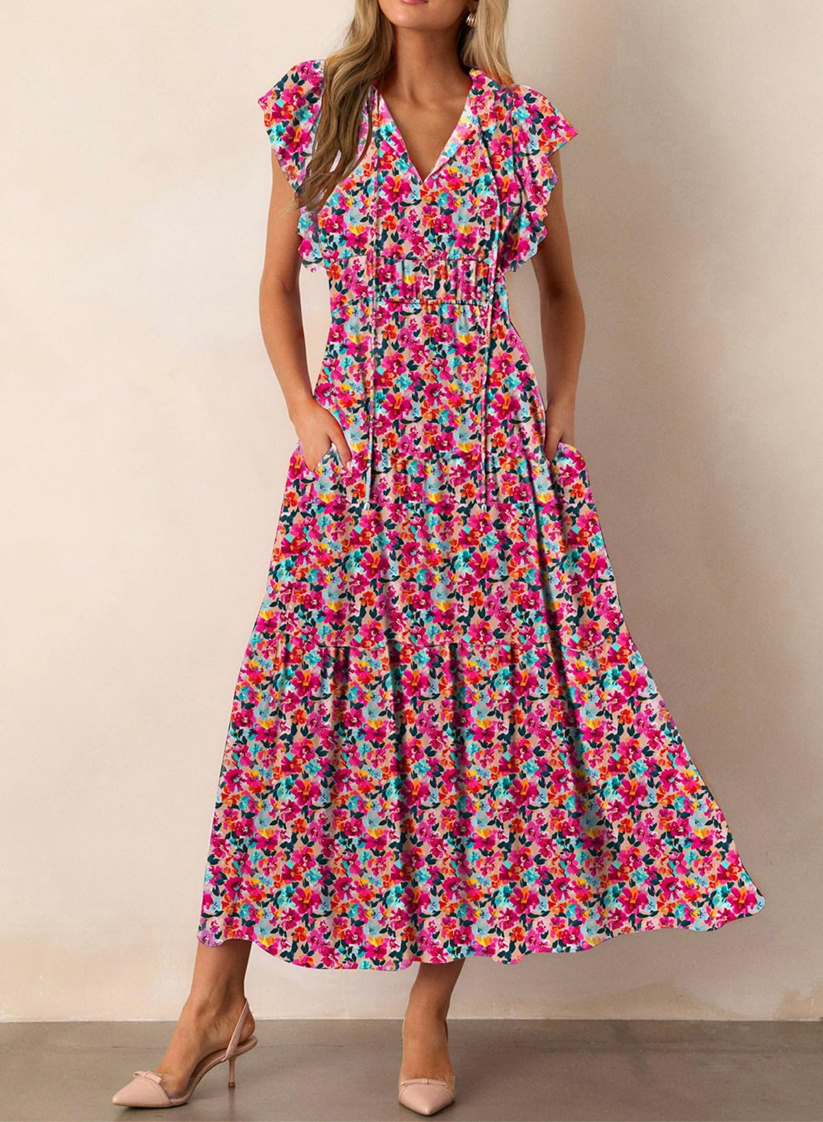Foto 3 pulgar | Vestido Largo Blencot Con Estampado Floral Y Cuello En V Con Volantes Para Mujer - Venta Internacional.