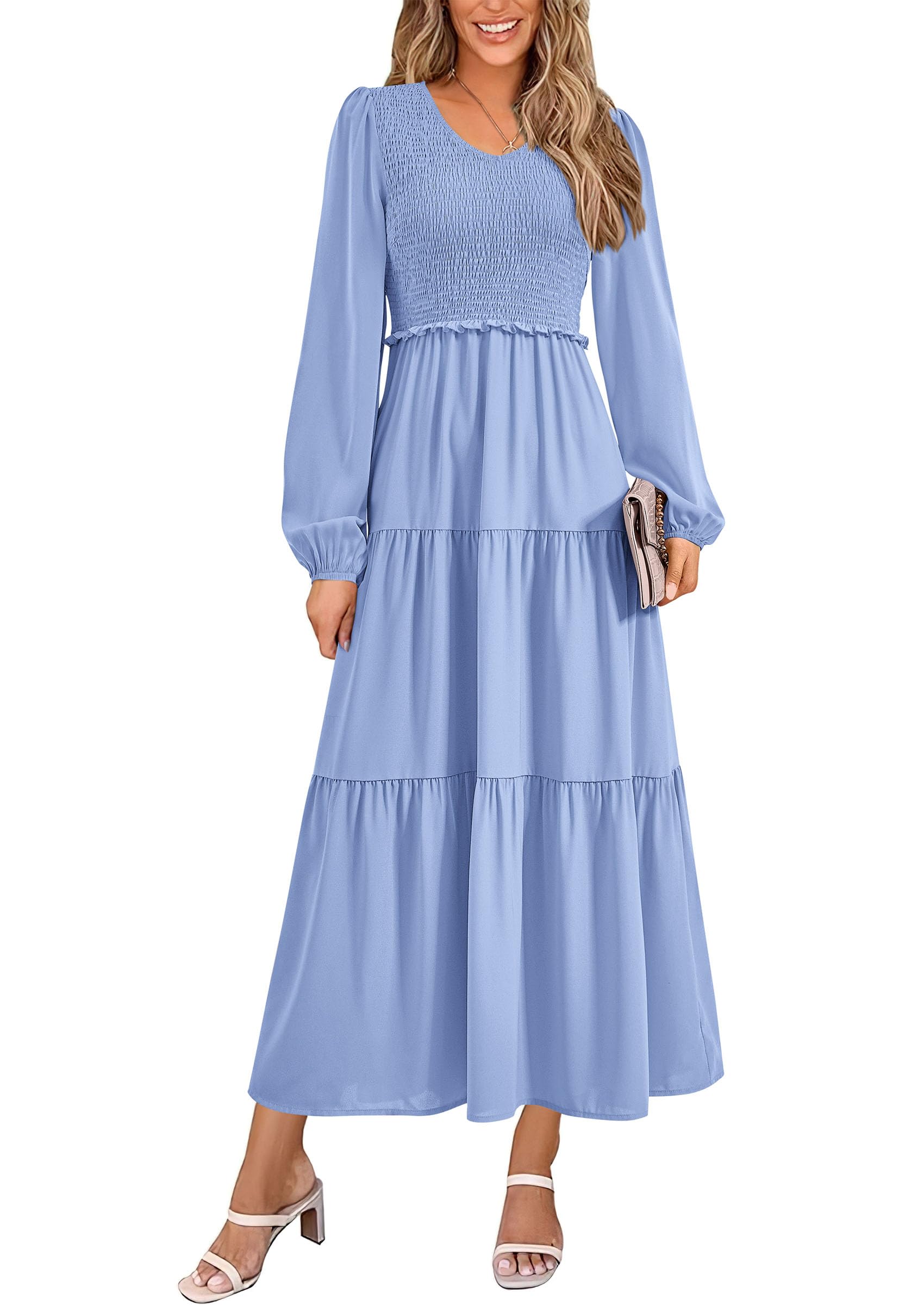 Foto 2 pulgar | Vestido Midi Prettygarden Para Mujer, Cuello En V, Manga Larga, Azul Claro - Venta Internacional.