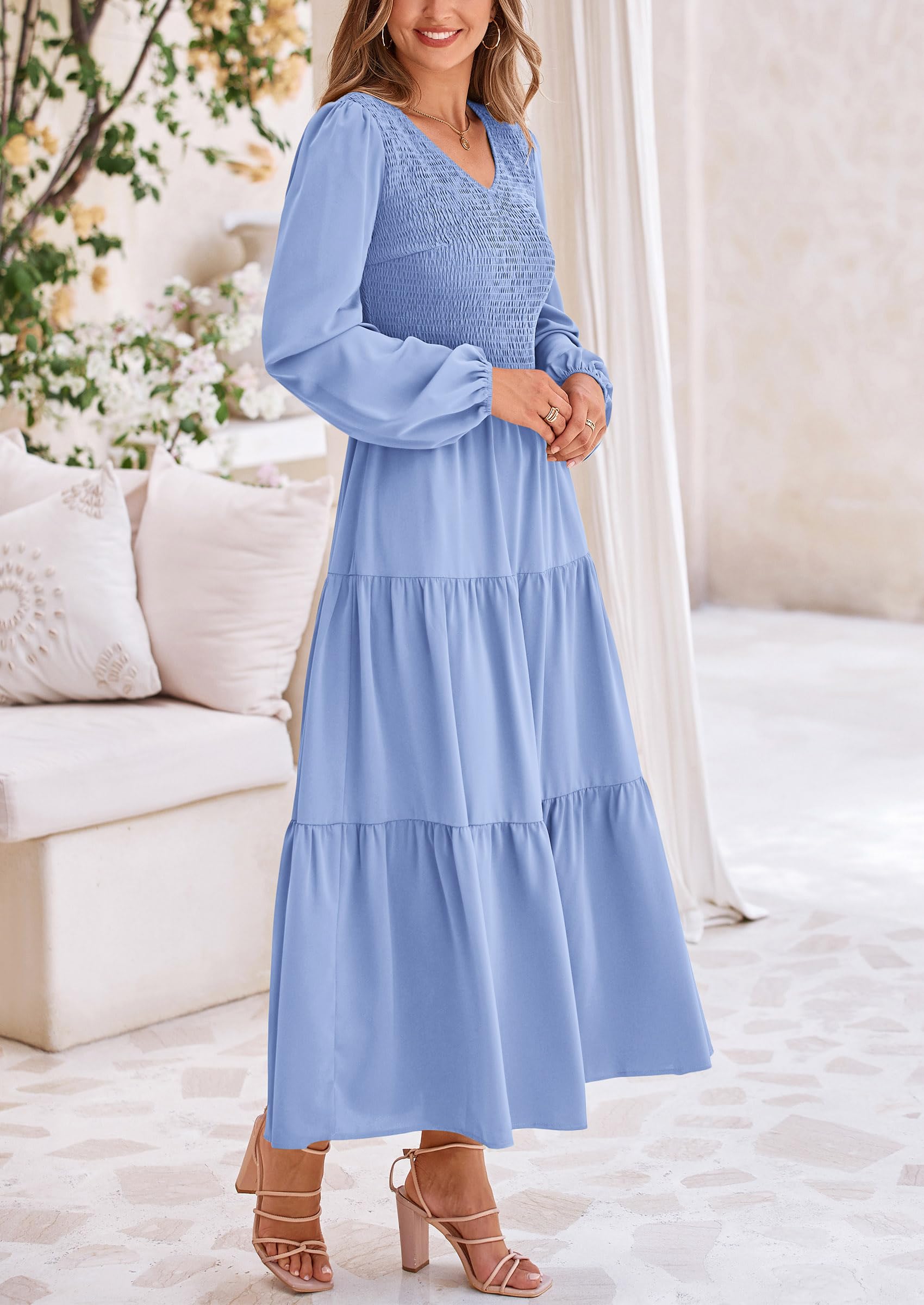 Foto 4 pulgar | Vestido Midi Prettygarden Para Mujer, Cuello En V, Manga Larga, Azul Claro - Venta Internacional.