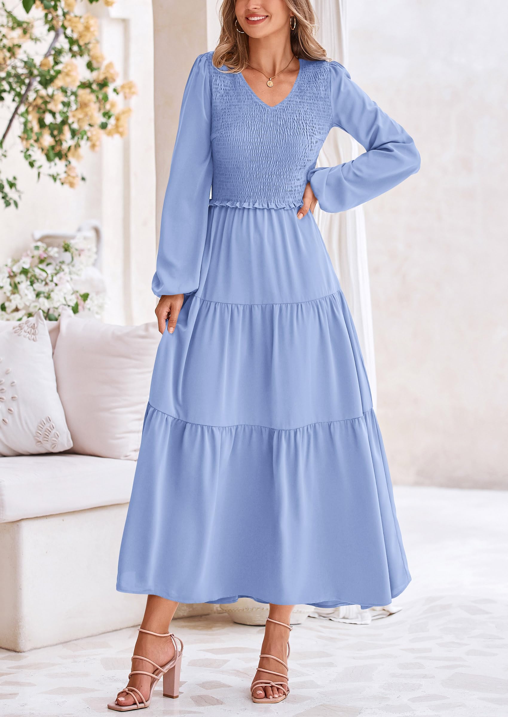 Foto 8 pulgar | Vestido Midi Prettygarden Para Mujer, Cuello En V, Manga Larga, Azul Claro - Venta Internacional.