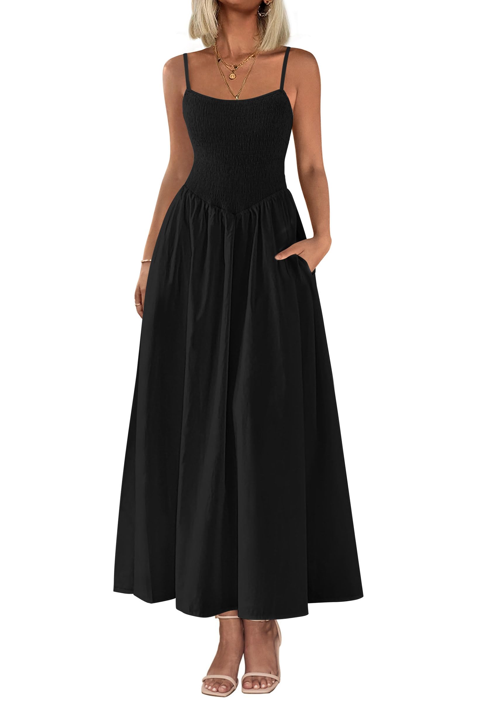 Foto 2 pulgar | Vestido Largo Prettygarden Para Mujer, Fruncido, Verano, Playa, Negro - Venta Internacional.