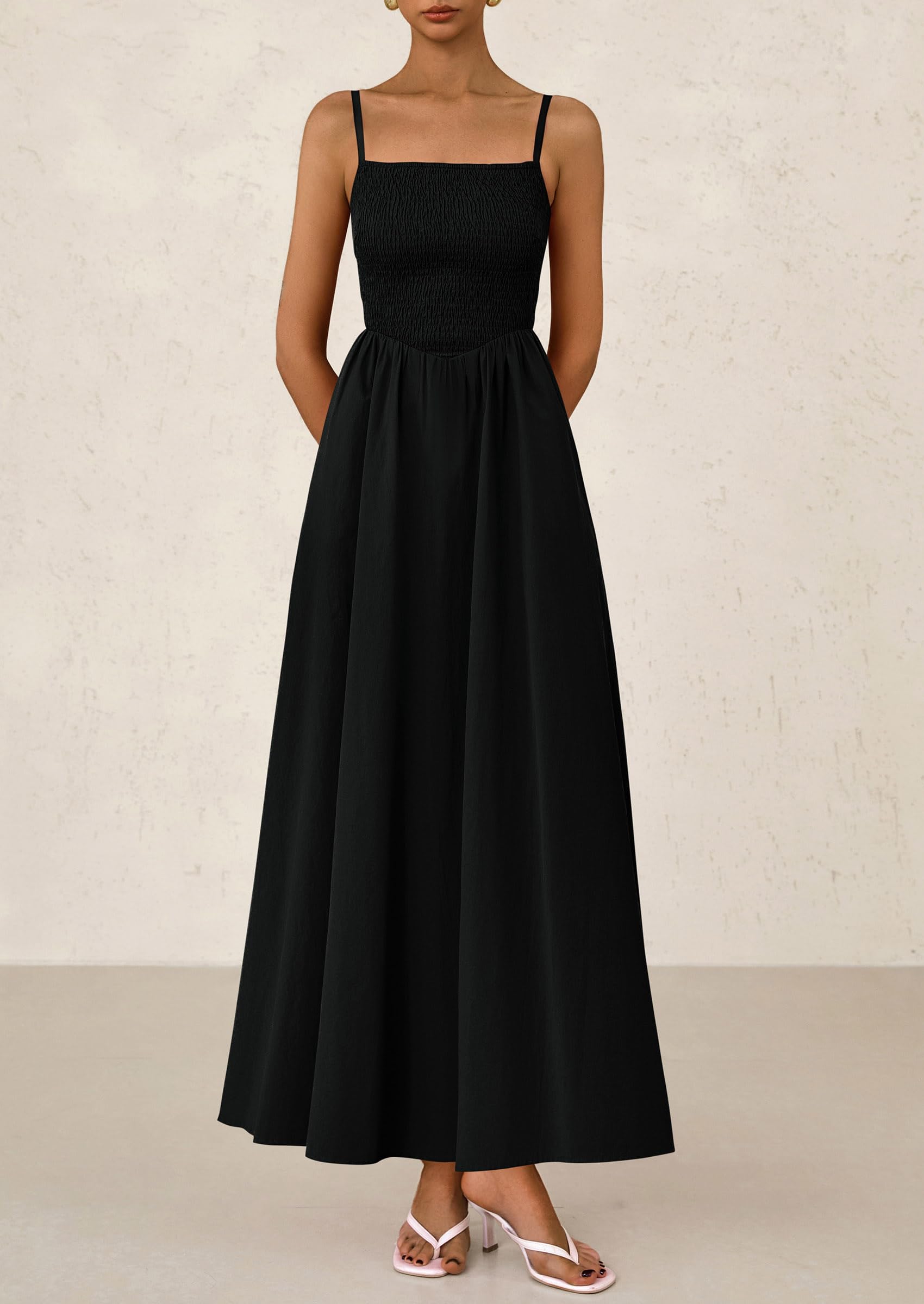 Foto 4 | Vestido Largo Prettygarden Para Mujer, Fruncido, Verano, Playa, Negro - Venta Internacional.
