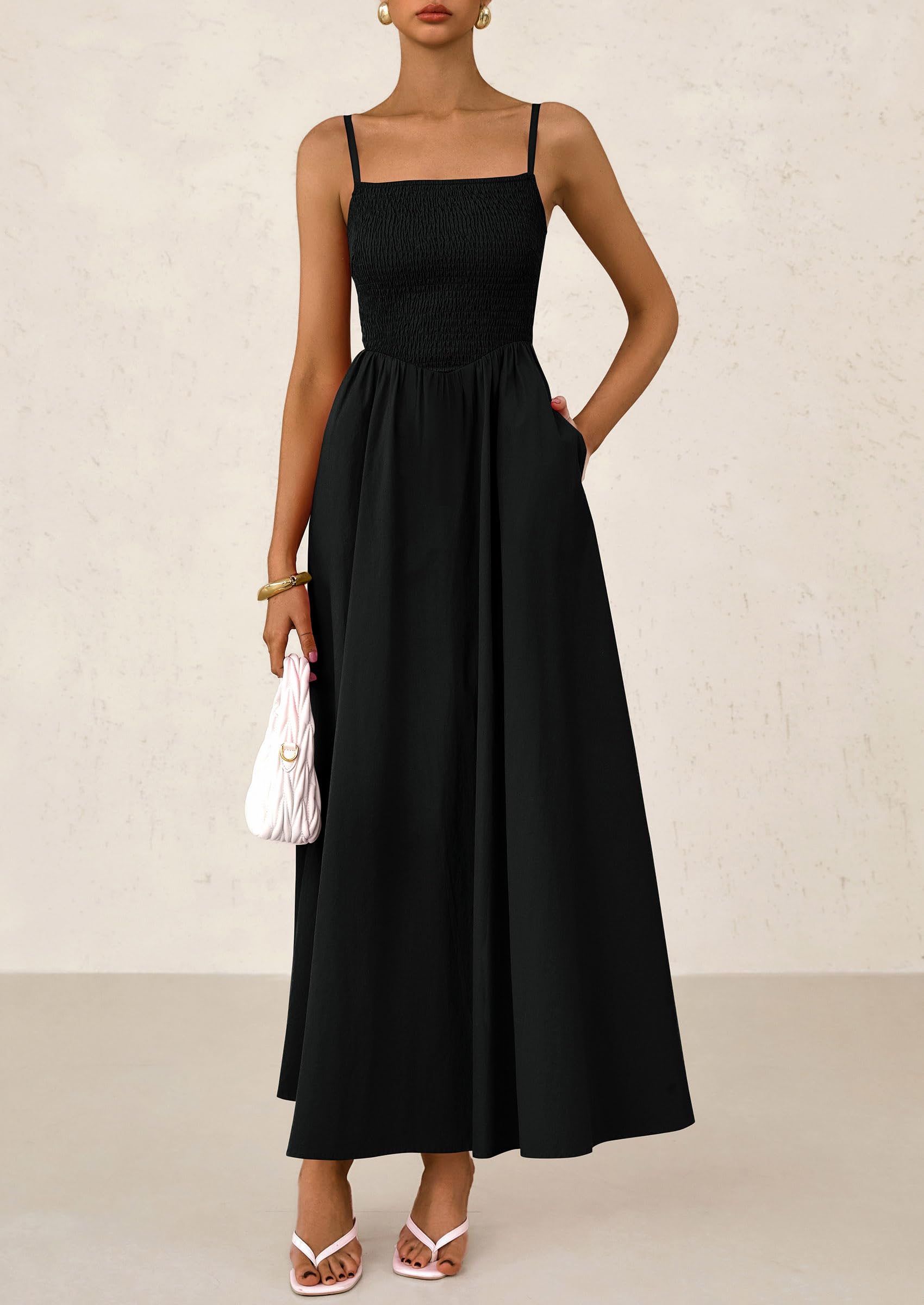Foto 5 | Vestido Largo Prettygarden Para Mujer, Fruncido, Verano, Playa, Negro - Venta Internacional.