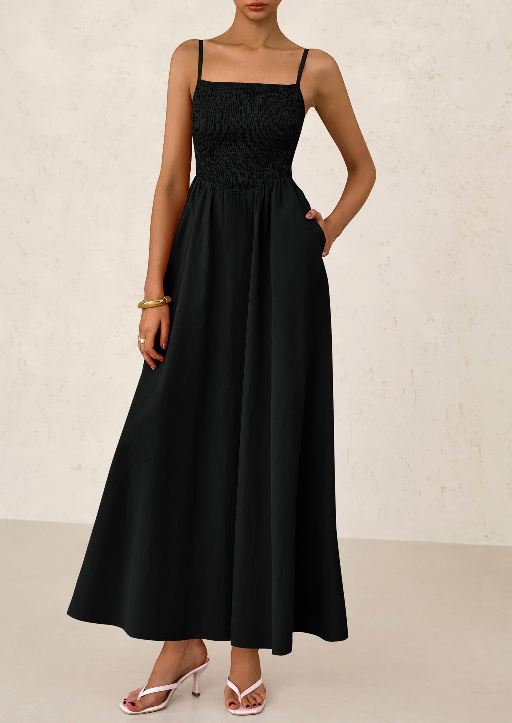 Foto 7 | Vestido Largo Prettygarden Para Mujer, Fruncido, Verano, Playa, Negro - Venta Internacional.
