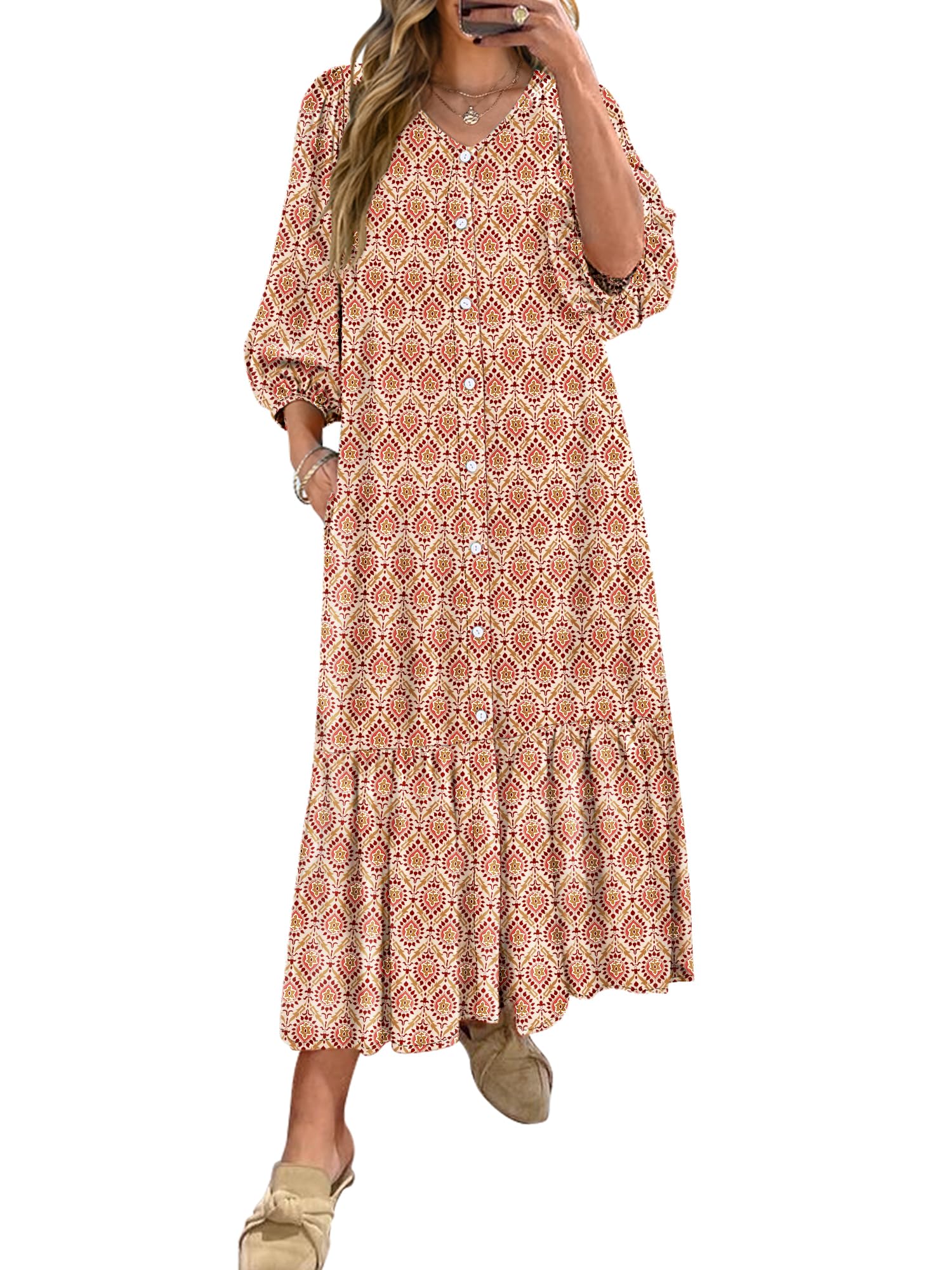 Vestido Largo Anrabess Boho Summer 2025 Con Mangas Abullonadas Y Cuello En V - Venta Internacional.