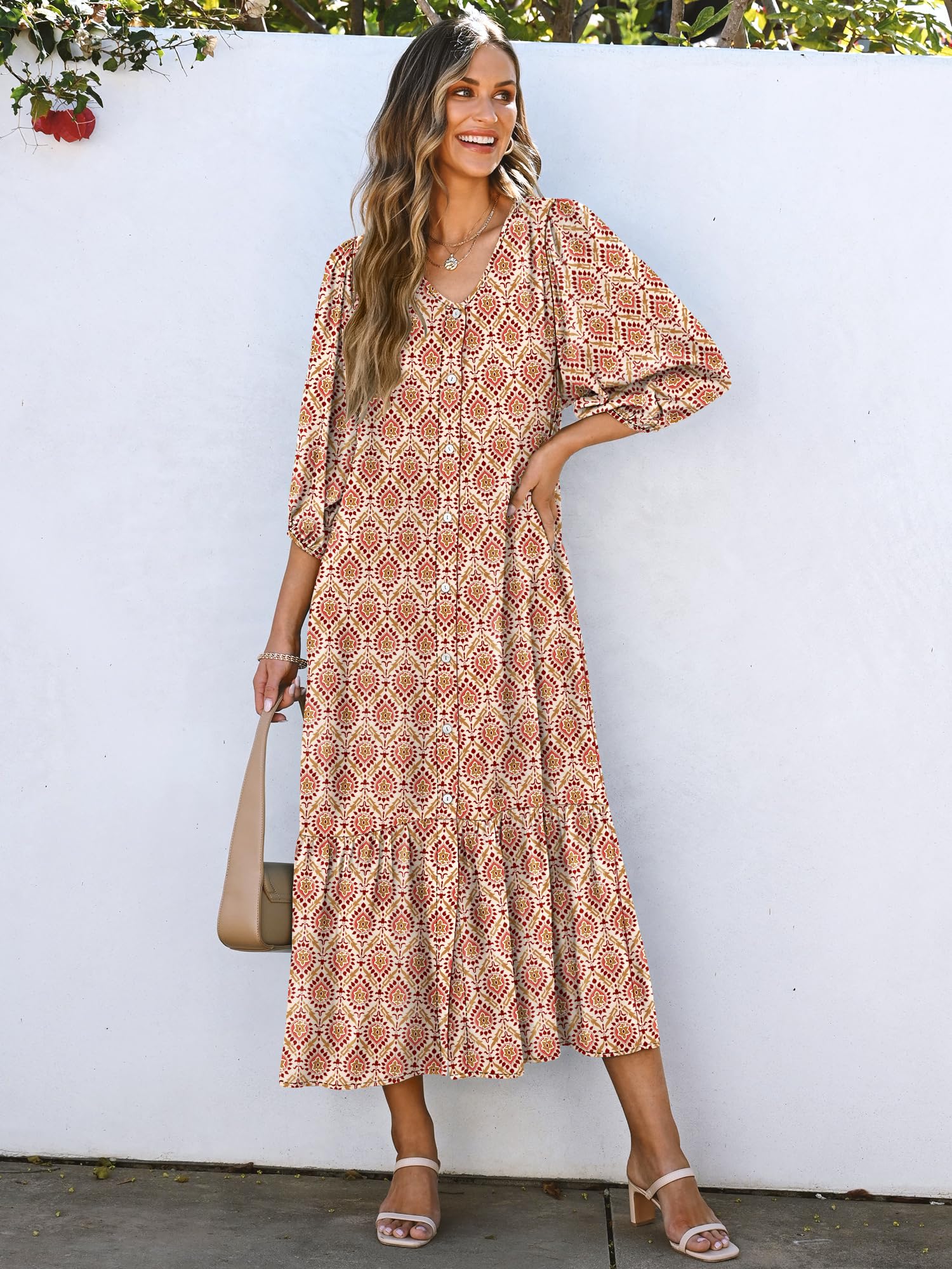 Foto 3 pulgar | Vestido Largo Anrabess Boho Summer 2025 Con Mangas Abullonadas Y Cuello En V - Venta Internacional.