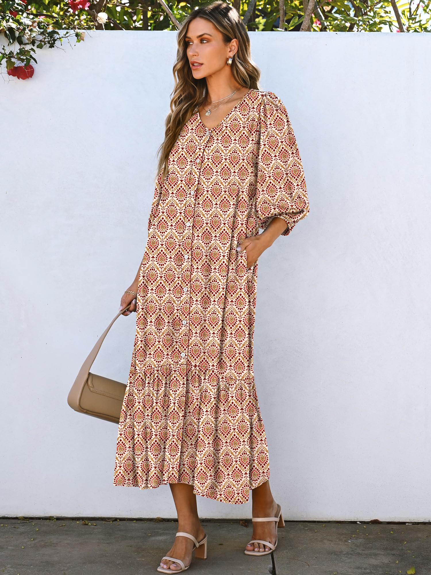 Foto 4 pulgar | Vestido Largo Anrabess Boho Summer 2025 Con Mangas Abullonadas Y Cuello En V - Venta Internacional.