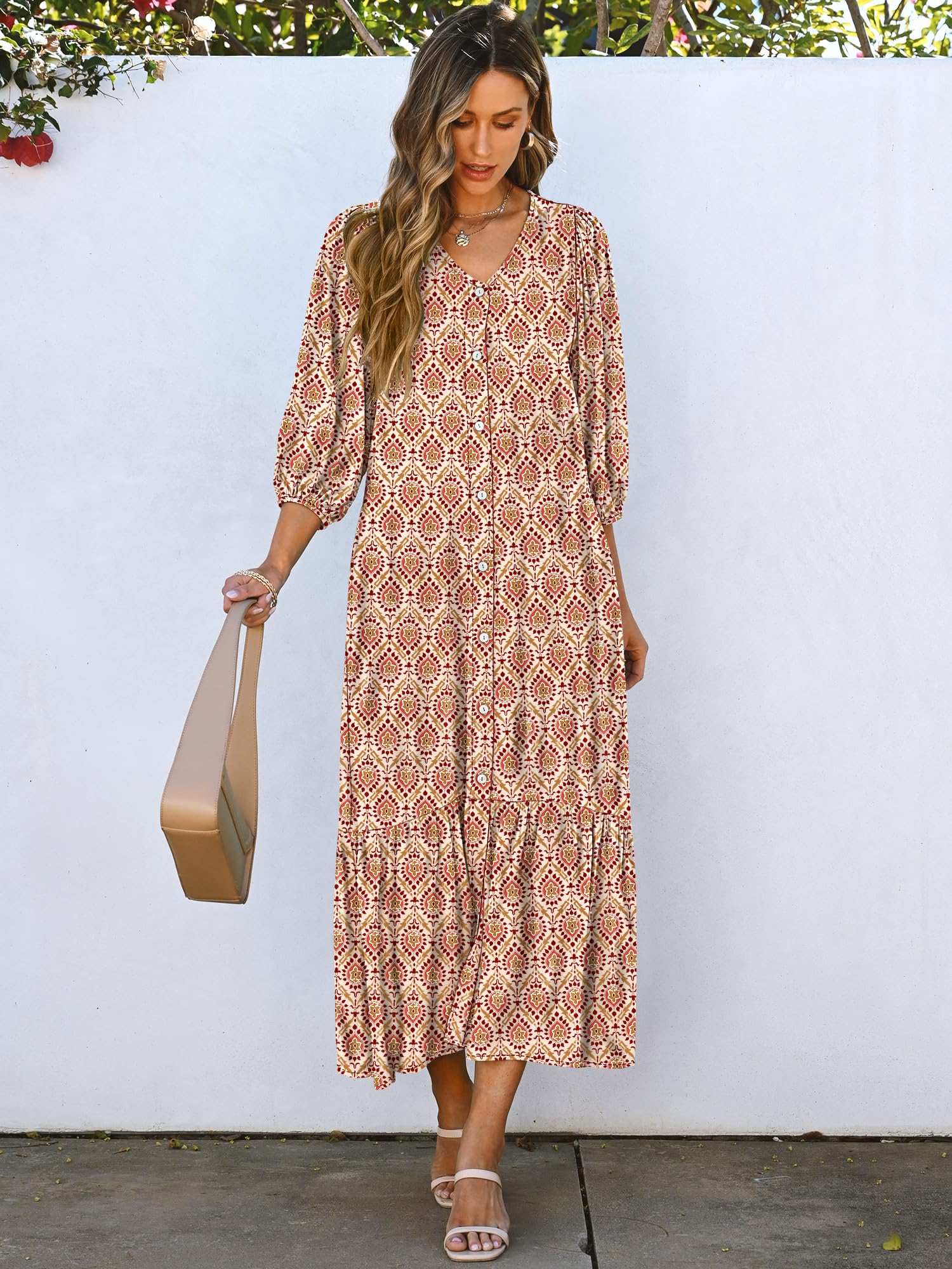 Foto 7 pulgar | Vestido Largo Anrabess Boho Summer 2025 Con Mangas Abullonadas Y Cuello En V - Venta Internacional.