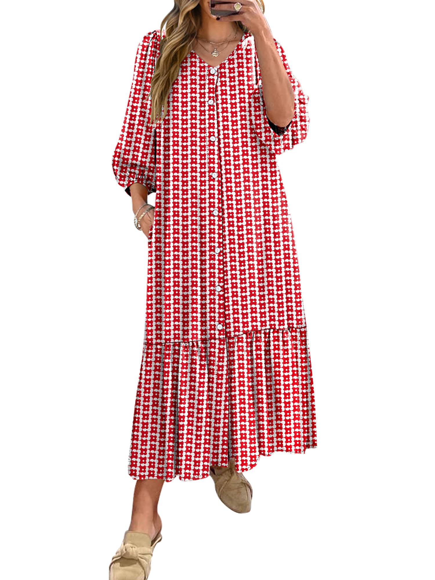 Vestido Largo Anrabess Bohemio De Verano Con Cuello En V Y Mangas Abullonadas Con Estampado Floral Rojo - Venta In