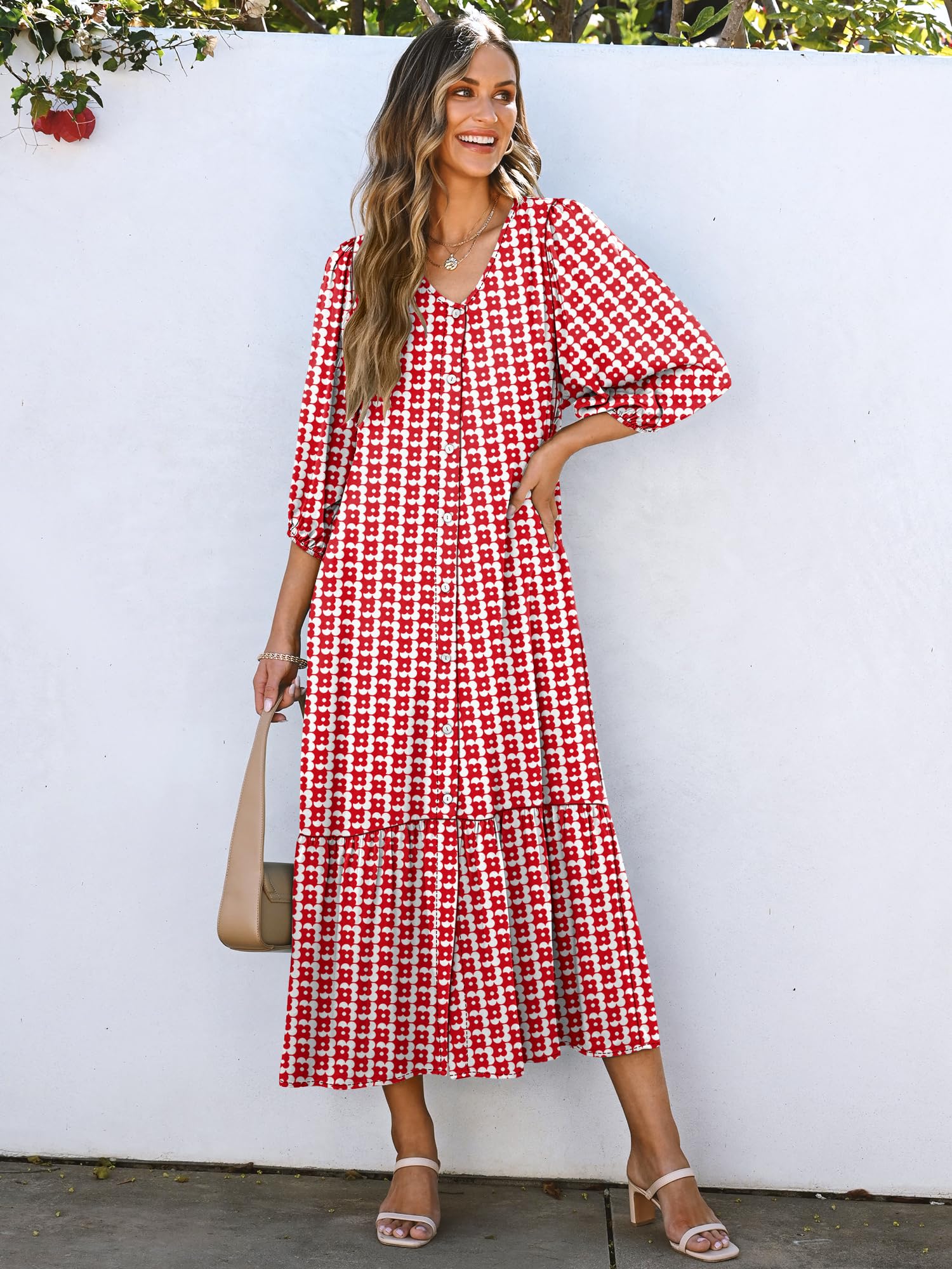 Foto 3 pulgar | Vestido Largo Anrabess Bohemio De Verano Con Cuello En V Y Mangas Abullonadas Con Estampado Floral Rojo - Venta In
