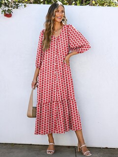 Foto 2 | Vestido Largo Anrabess Bohemio De Verano Con Cuello En V Y Mangas Abullonadas Con Estampado Floral Rojo - Venta In