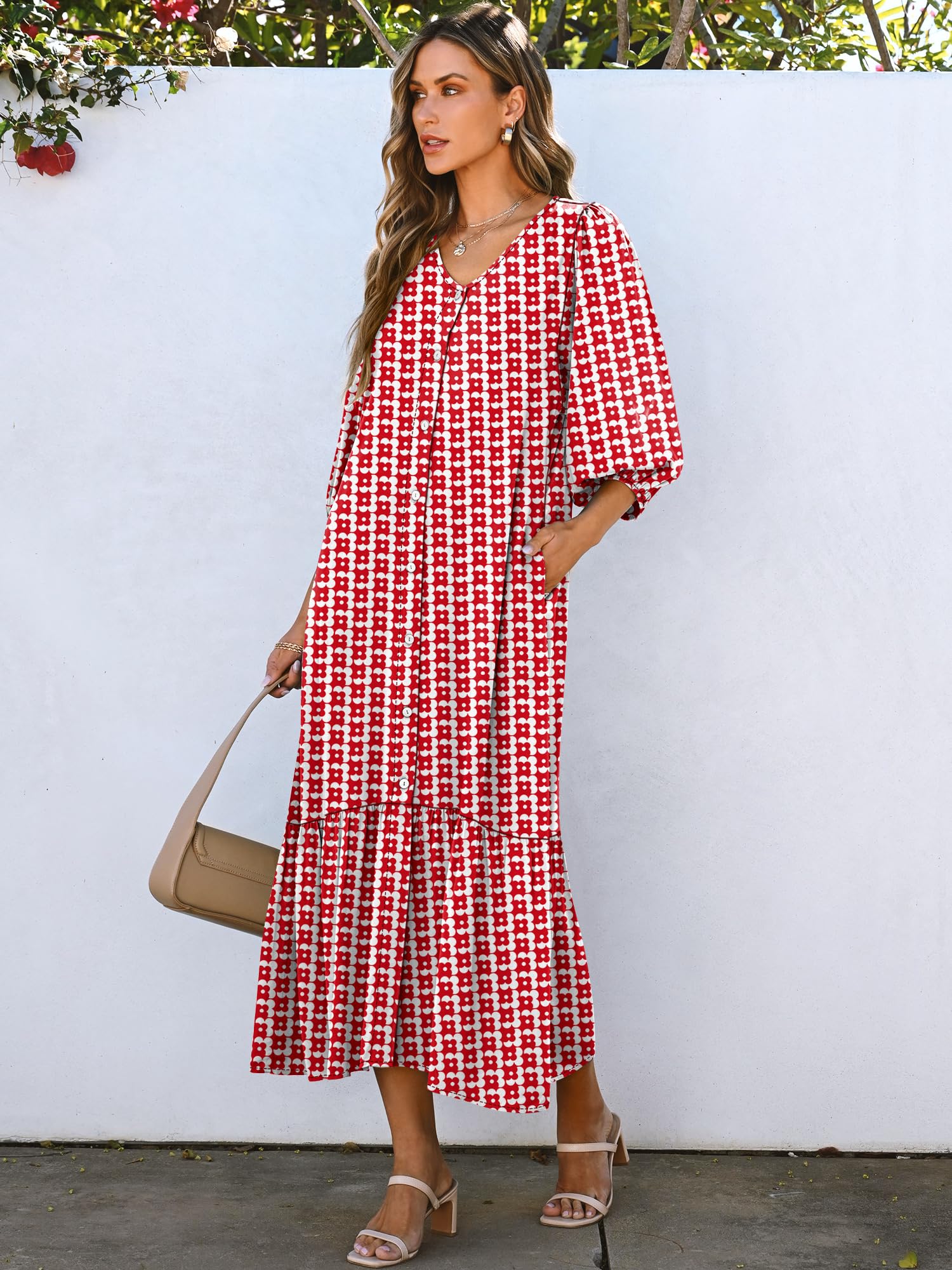 Foto 4 pulgar | Vestido Largo Anrabess Bohemio De Verano Con Cuello En V Y Mangas Abullonadas Con Estampado Floral Rojo - Venta In
