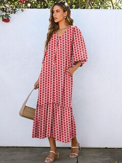 Foto 3 | Vestido Largo Anrabess Bohemio De Verano Con Cuello En V Y Mangas Abullonadas Con Estampado Floral Rojo - Venta In
