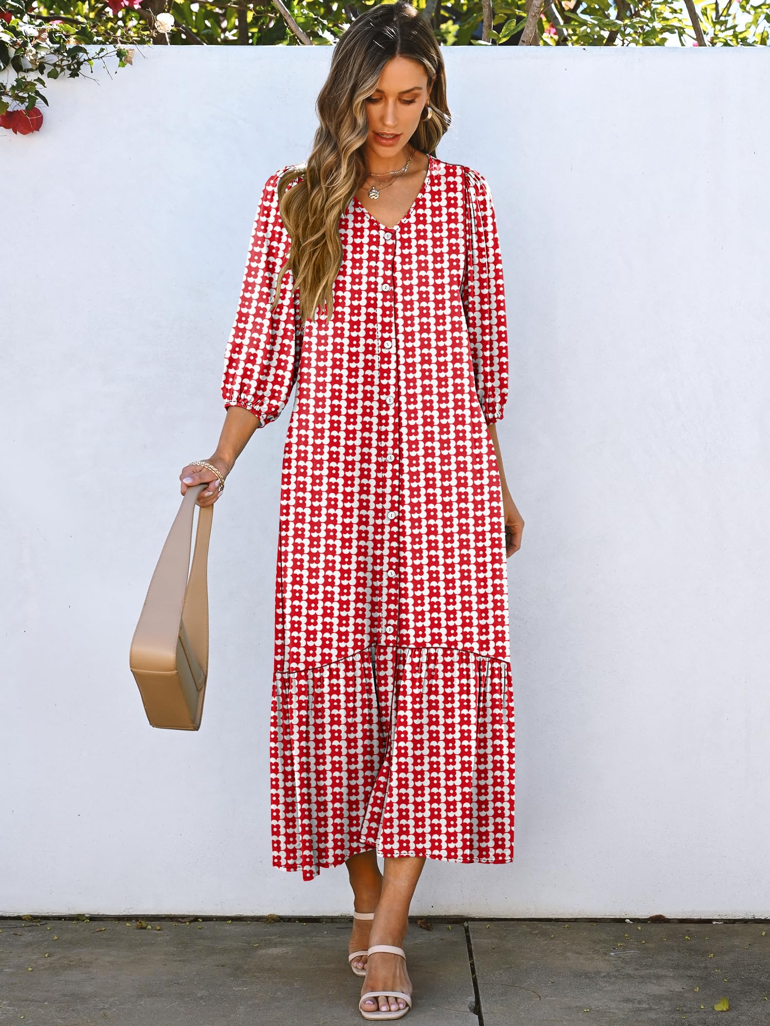 Foto 7 pulgar | Vestido Largo Anrabess Bohemio De Verano Con Cuello En V Y Mangas Abullonadas Con Estampado Floral Rojo - Venta In