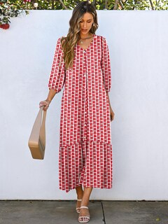 Foto 6 | Vestido Largo Anrabess Bohemio De Verano Con Cuello En V Y Mangas Abullonadas Con Estampado Floral Rojo - Venta In