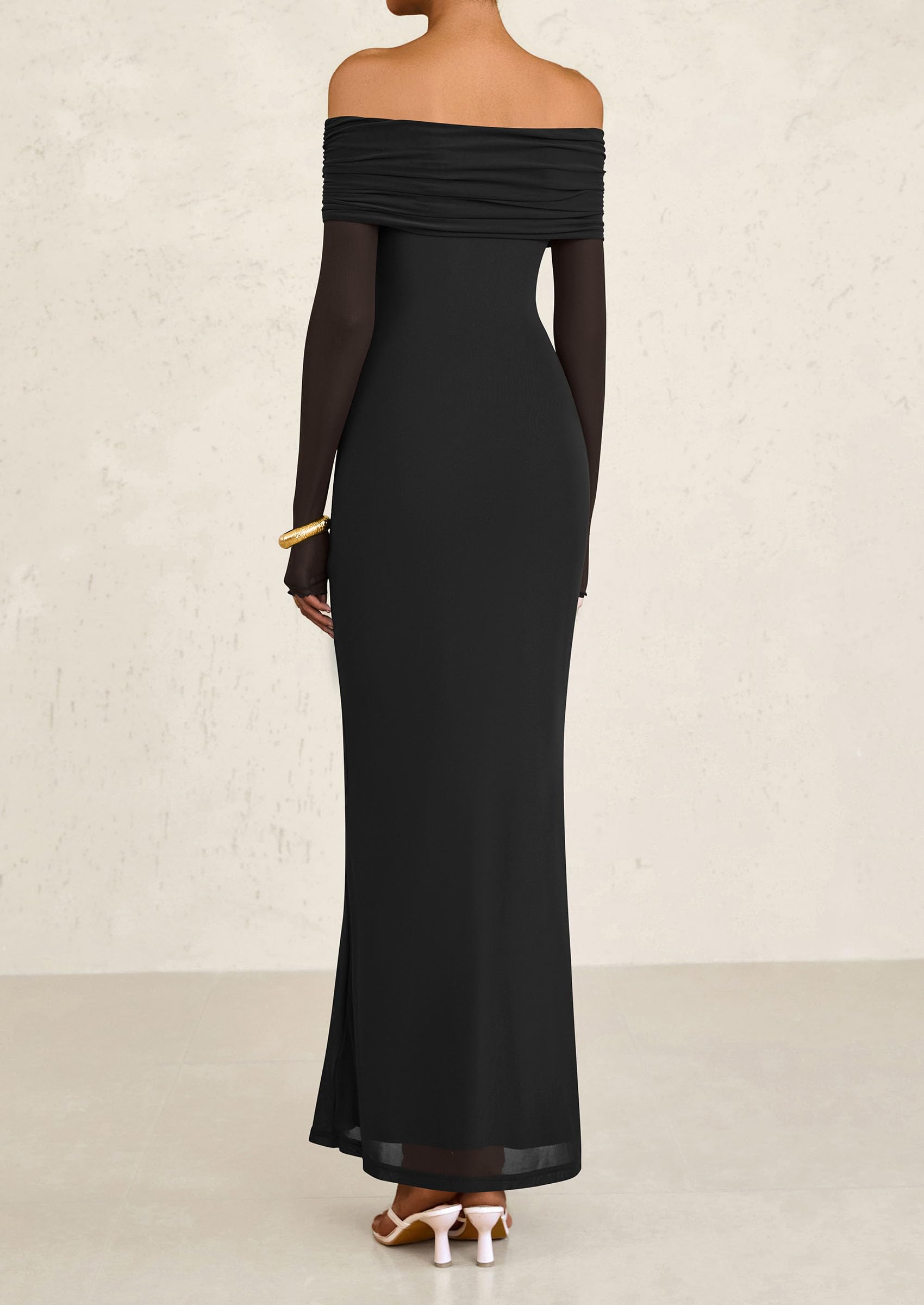 Foto 2 | Vestido Largo Prettygarden Con Hombros Descubiertos Y Malla De Manga Larga, Negro - Venta Internacional.