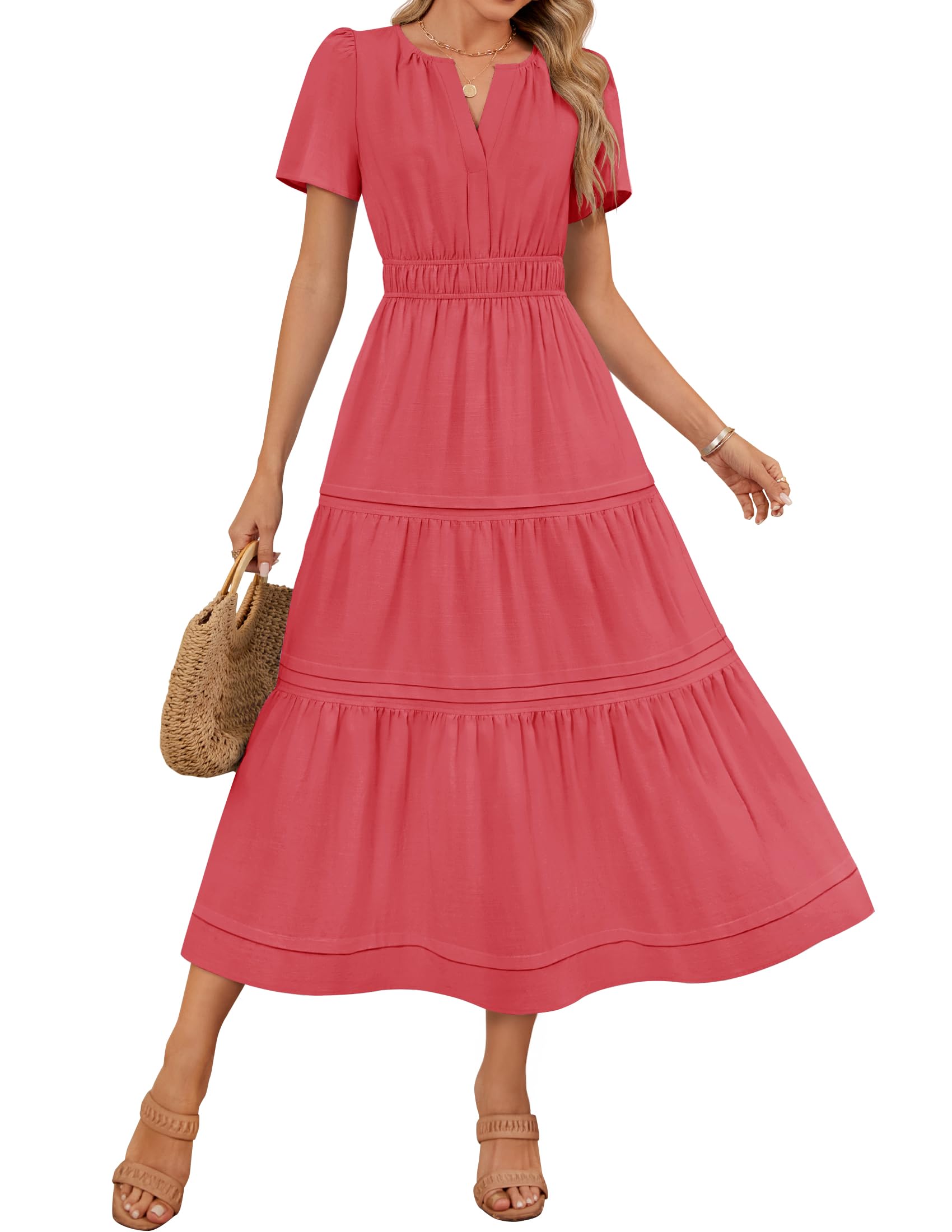 Foto 2 pulgar | Vestido Midi Zesica Casual De Verano De Manga Corta Con Cuello En V Para Mujer - Venta Internacional.