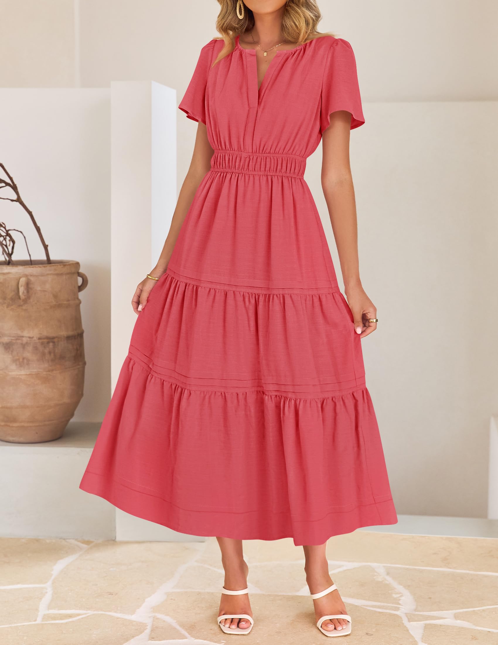 Foto 3 pulgar | Vestido Midi Zesica Casual De Verano De Manga Corta Con Cuello En V Para Mujer - Venta Internacional.