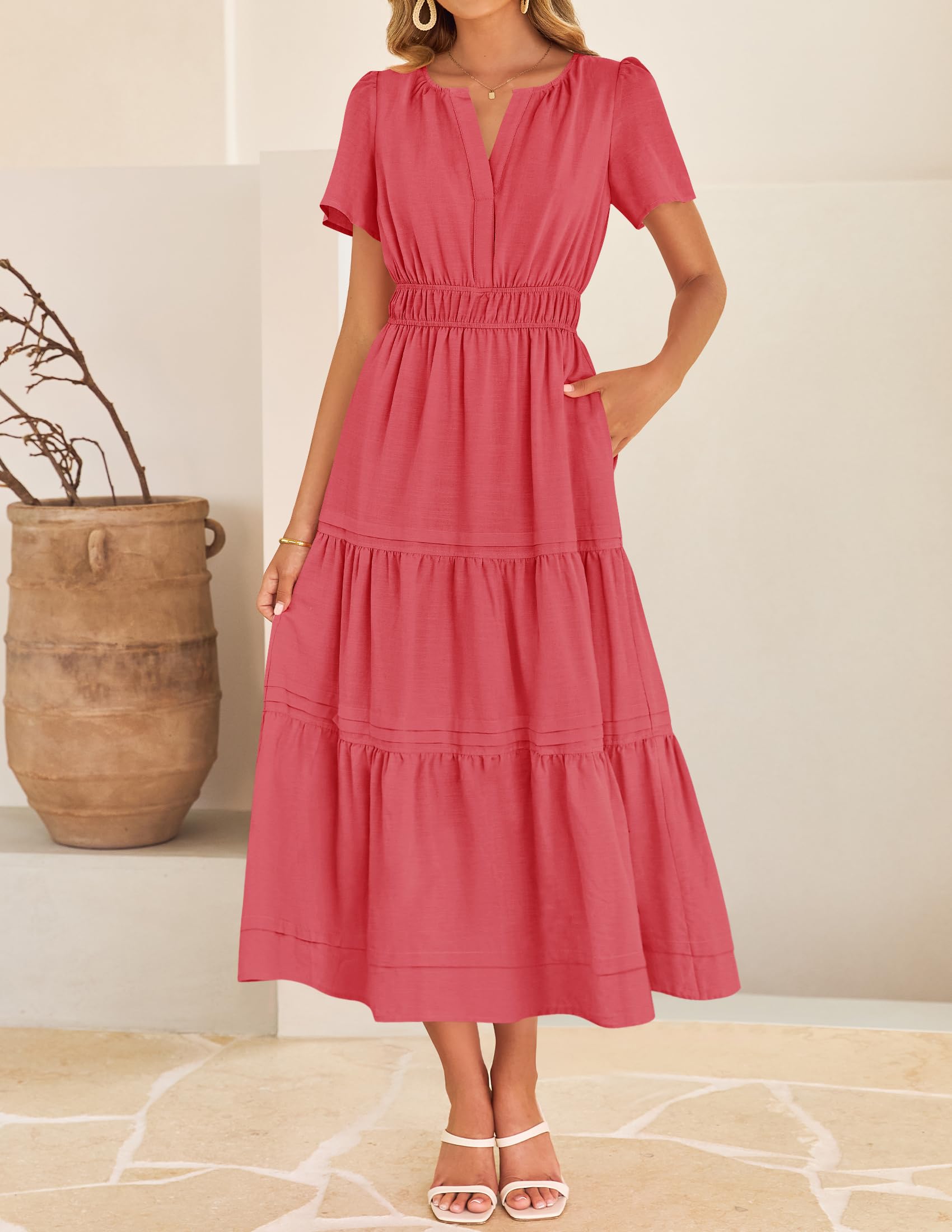 Foto 4 pulgar | Vestido Midi Zesica Casual De Verano De Manga Corta Con Cuello En V Para Mujer - Venta Internacional.