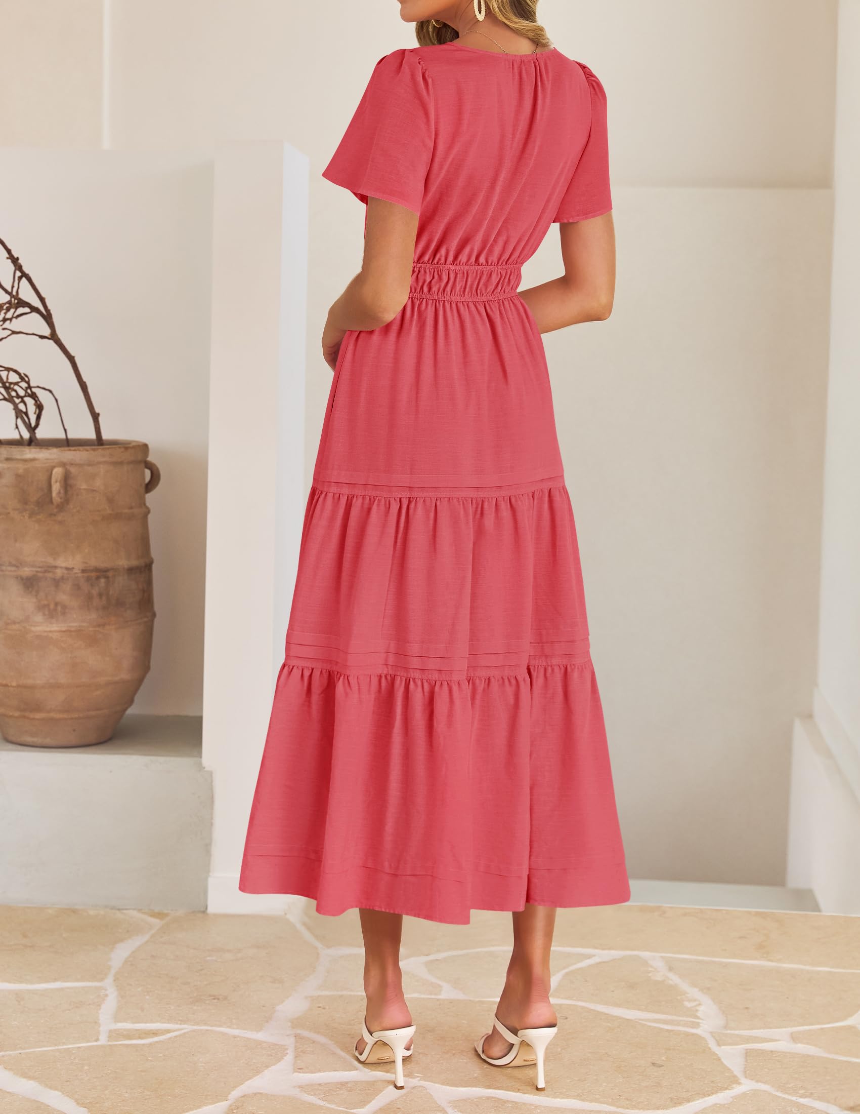 Foto 5 pulgar | Vestido Midi Zesica Casual De Verano De Manga Corta Con Cuello En V Para Mujer - Venta Internacional.