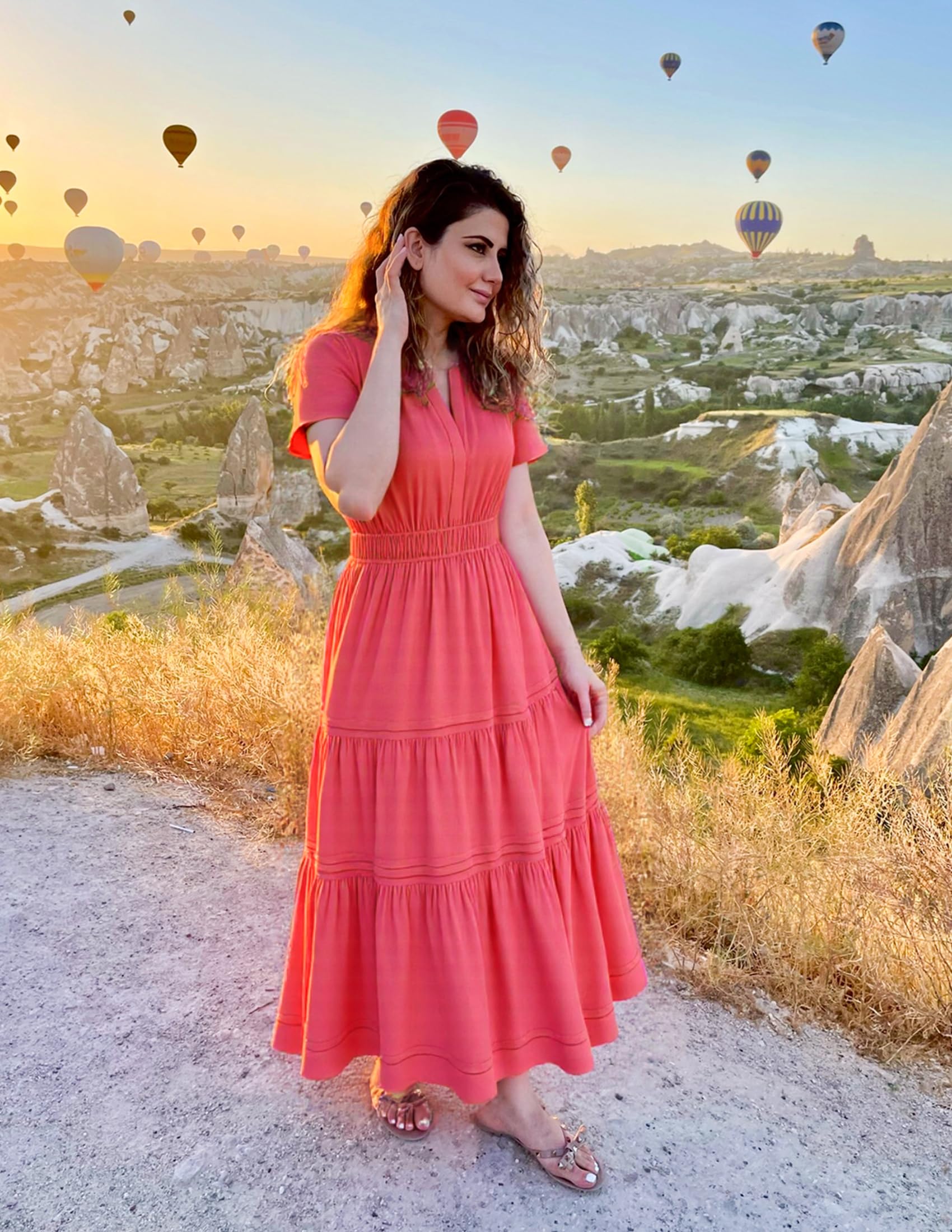 Foto 6 pulgar | Vestido Midi Zesica Casual De Verano De Manga Corta Con Cuello En V Para Mujer - Venta Internacional.