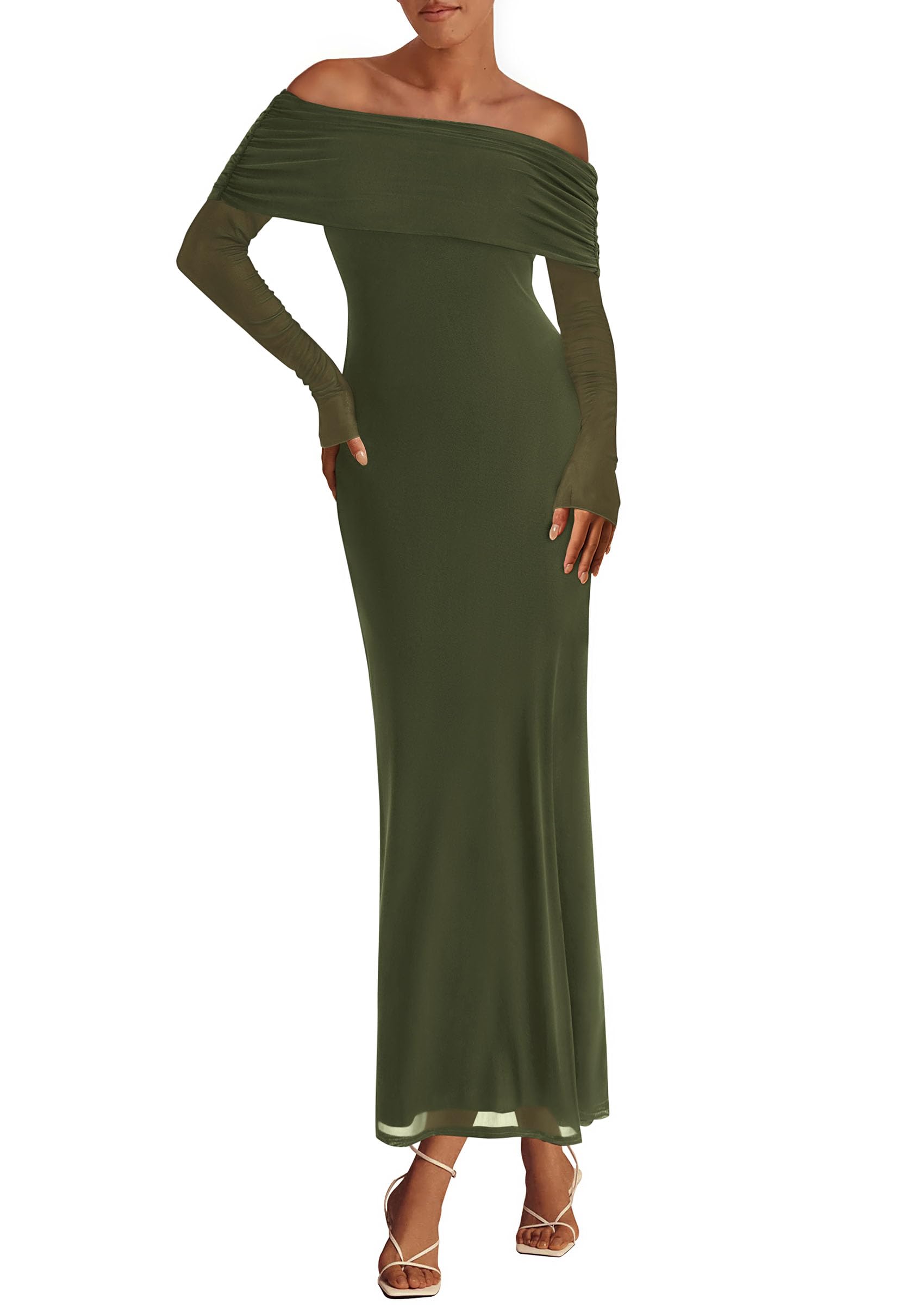 Foto 1 | Vestido Largo Prettygarden Con Hombros Descubiertos Y Manga Larga, Malla, Verde - Venta Internacional.
